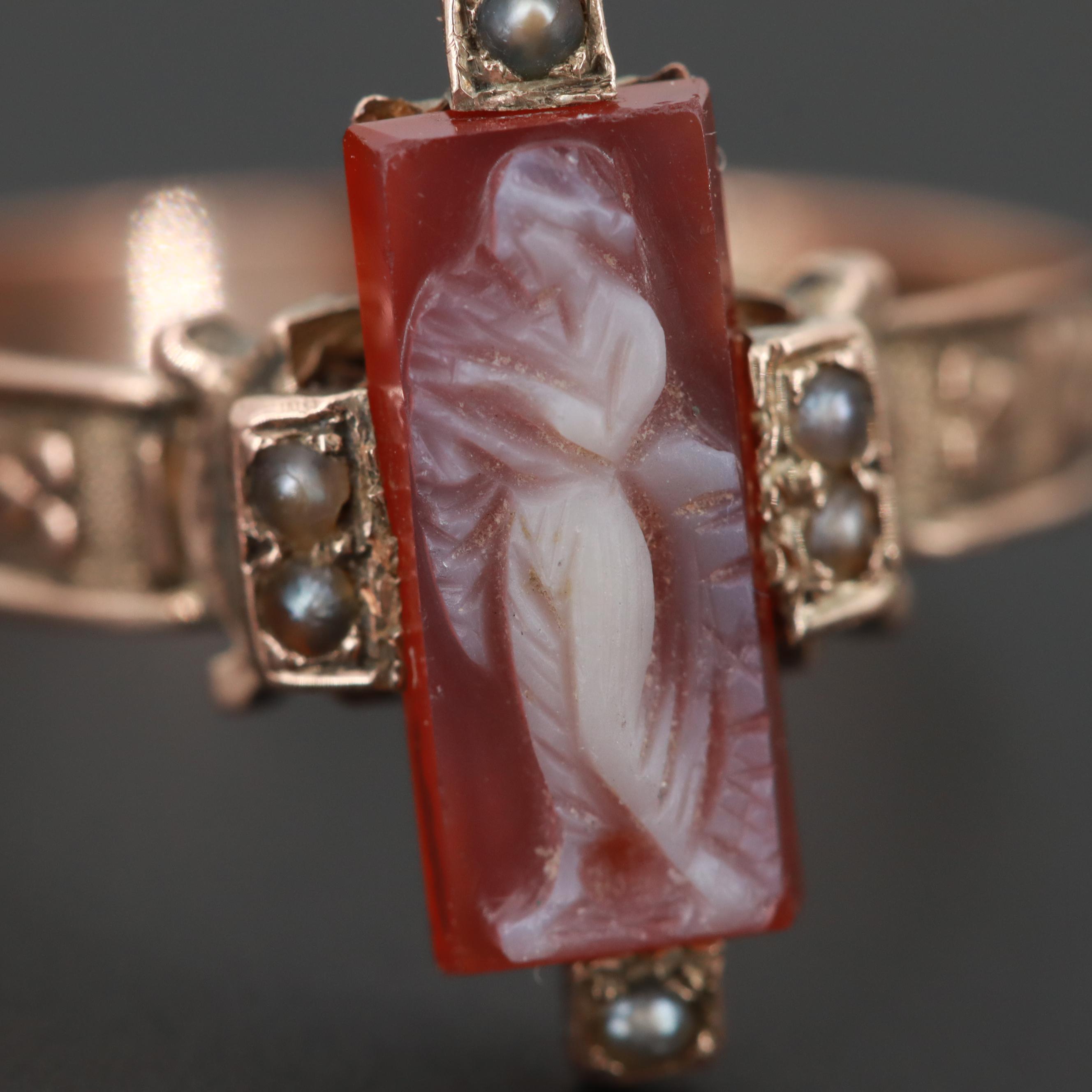 Victorian 10K Rose Gold Sardonyx and Seed Pearl Cameo Ring