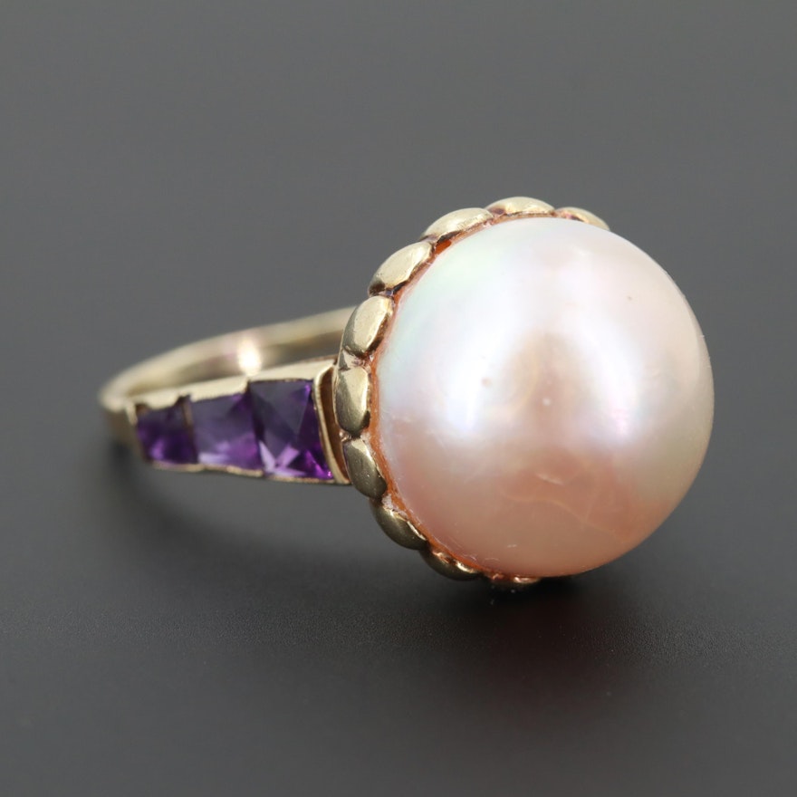 14K Yellow Gold Cultured Pearl and Amethyst Ring