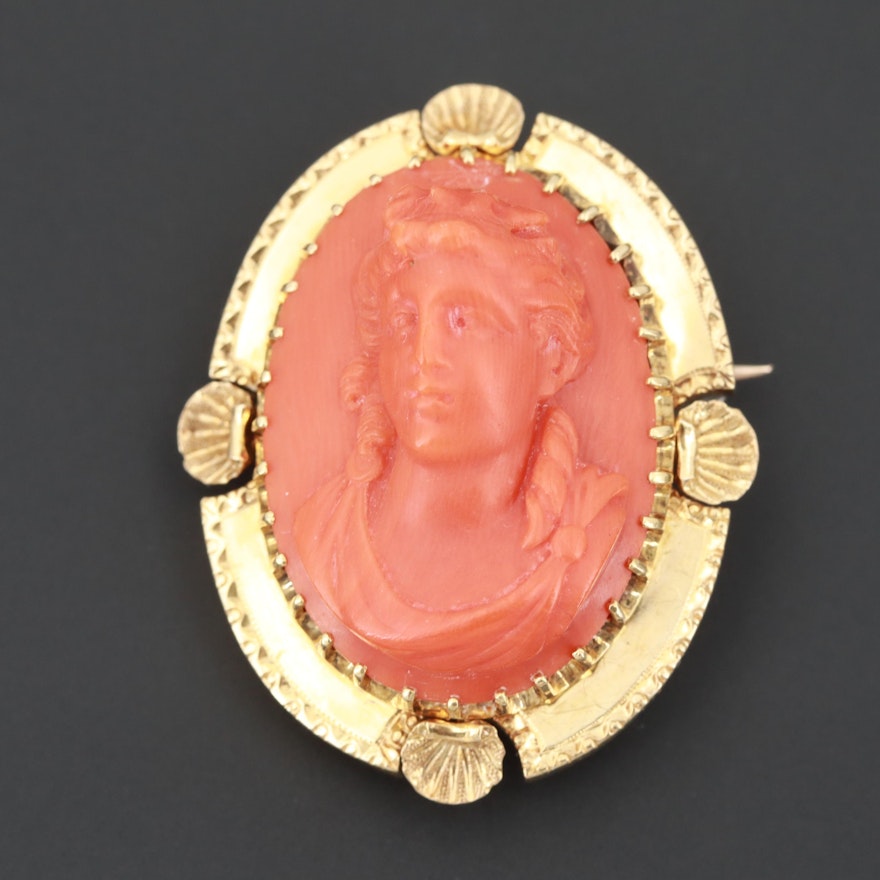 Victorian 18K Yellow Gold Coral Cameo Converter Brooch