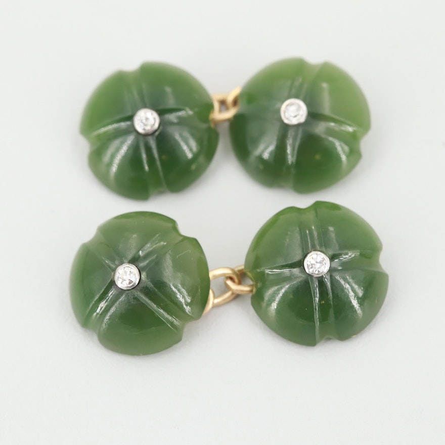 Vintage 18K Yellow Gold Diamond and Nephrite Cufflinks with Platinum Accents