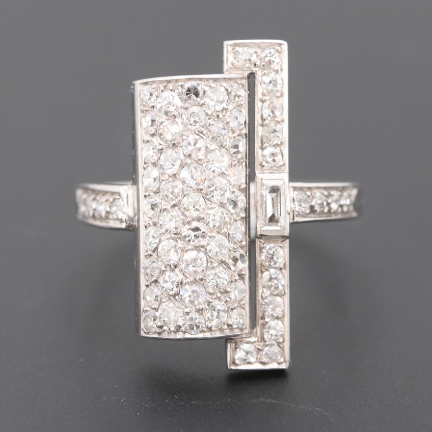 18K White Gold 1.35 CTW French Art Deco Diamond Pavé Ring