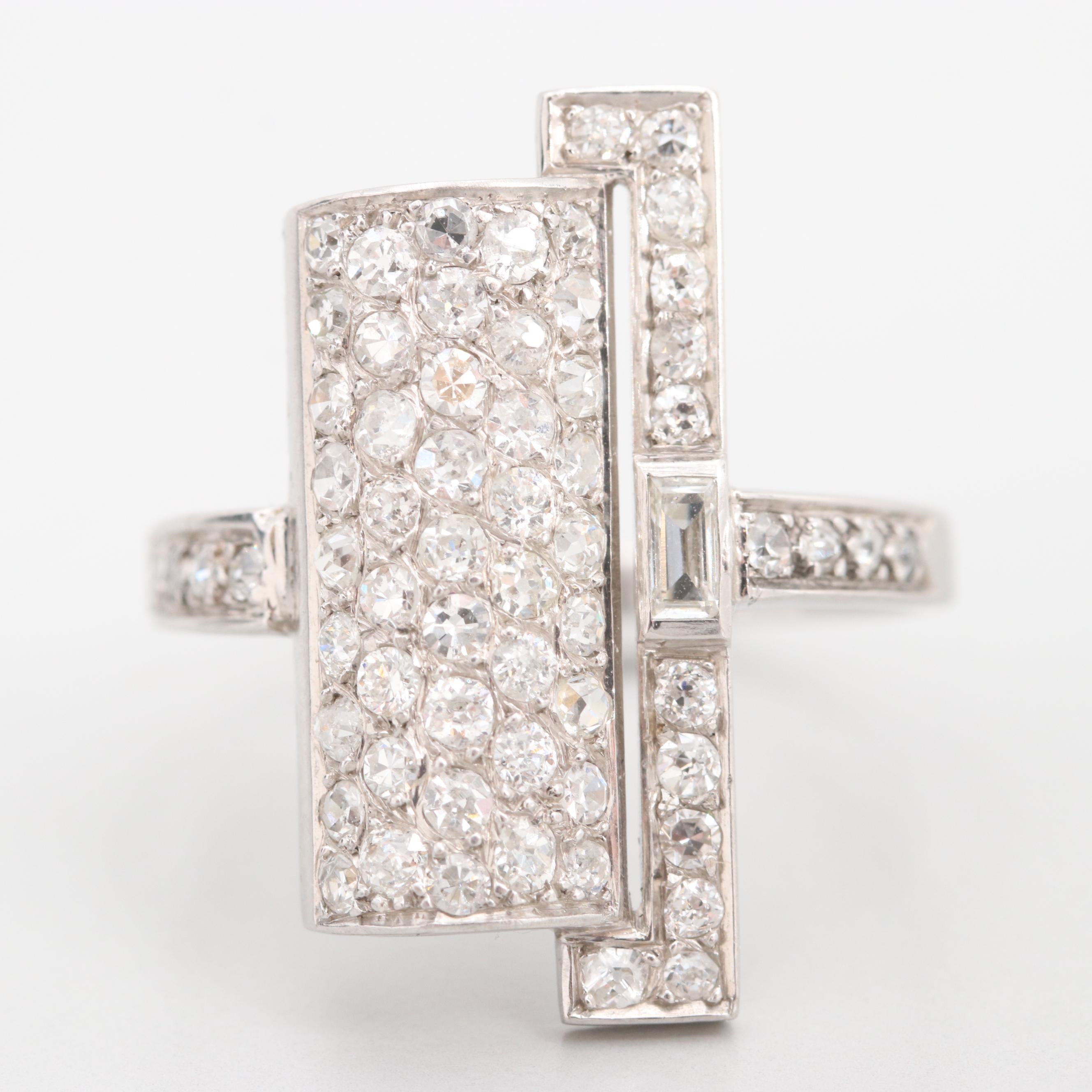 18K White Gold 1.35 CTW French Art Deco Diamond Pavé Ring