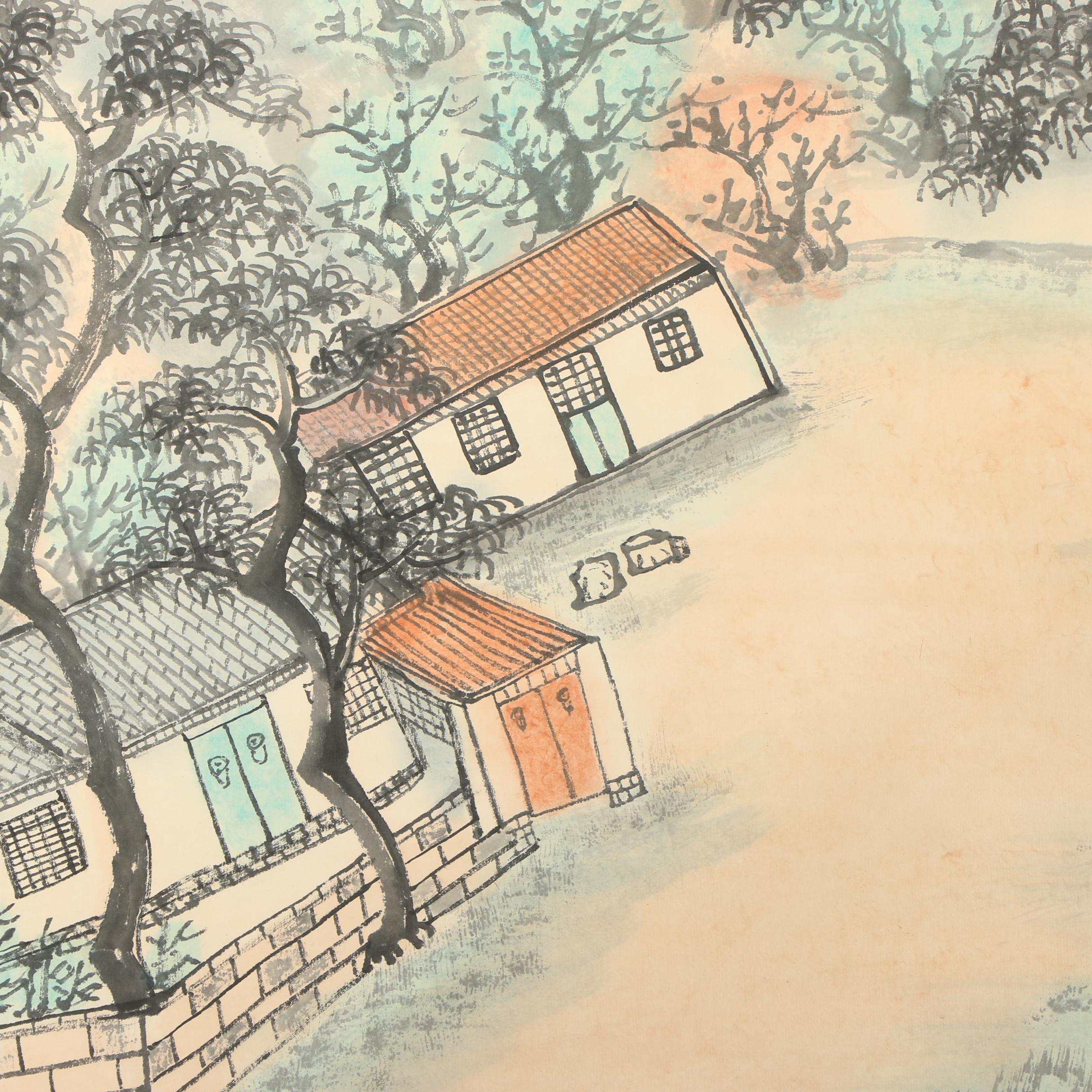 Lu Yishao Landscape Watercolor Painted Hanging Scroll