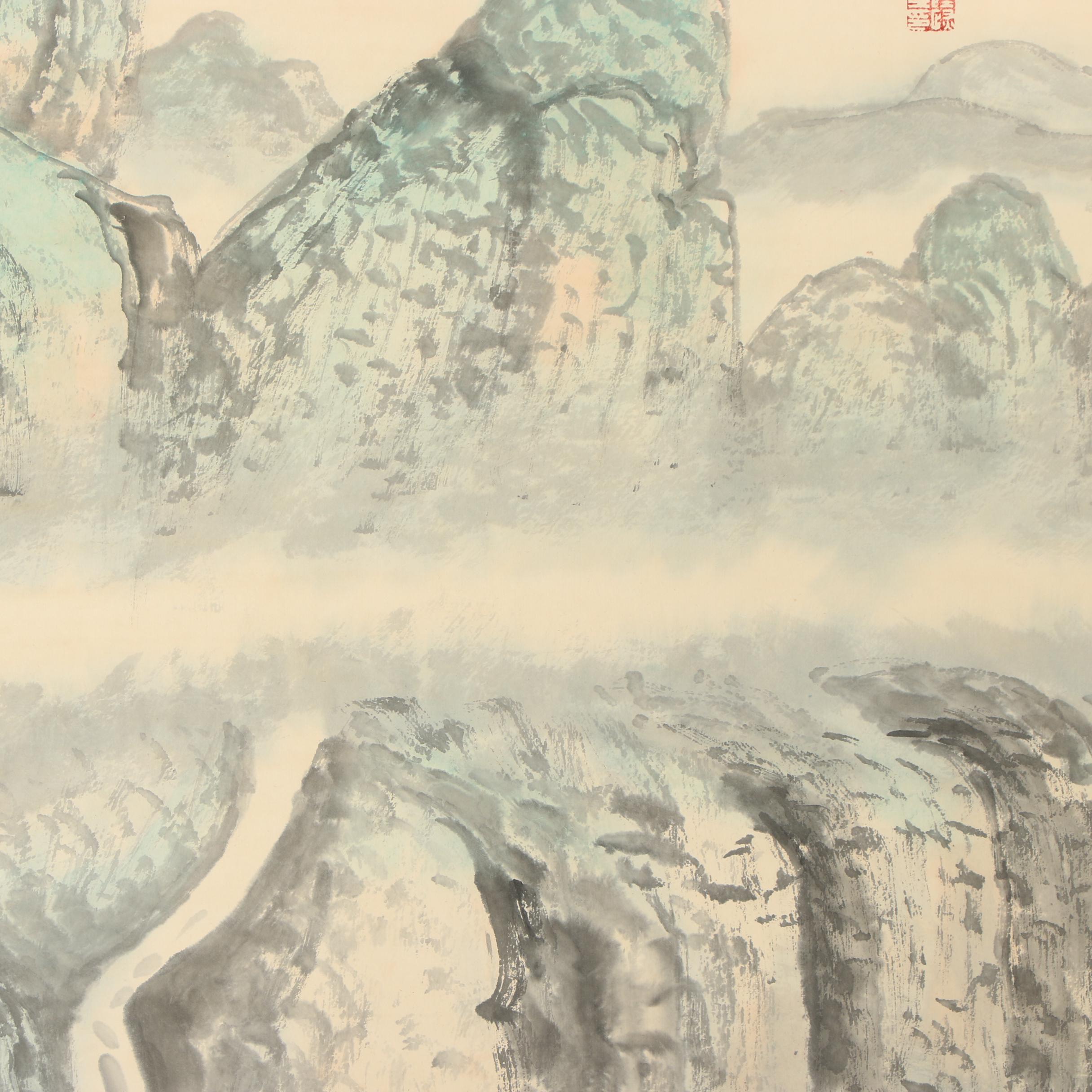 Lu Yishao Landscape Watercolor Painted Hanging Scroll