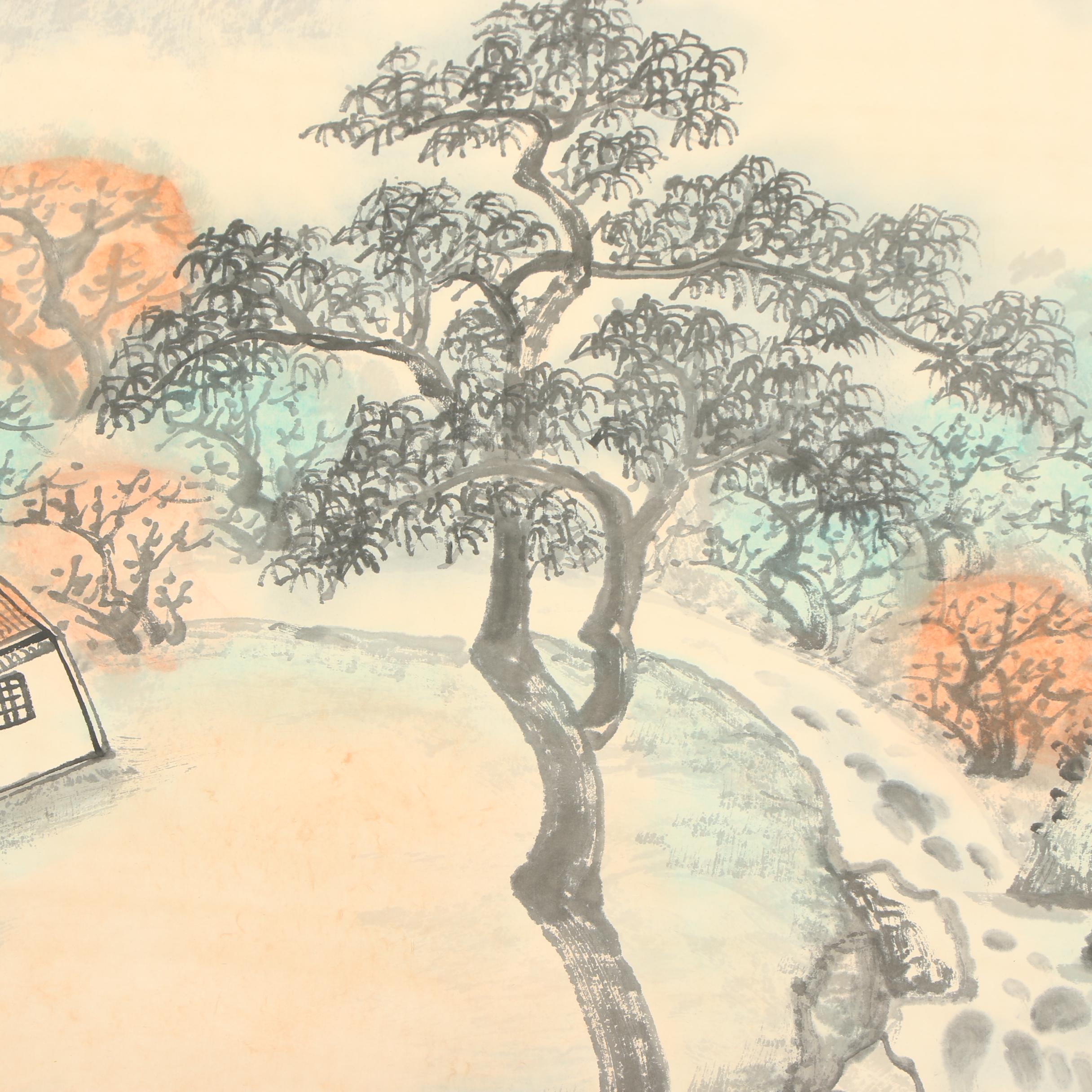 Lu Yishao Landscape Watercolor Painted Hanging Scroll