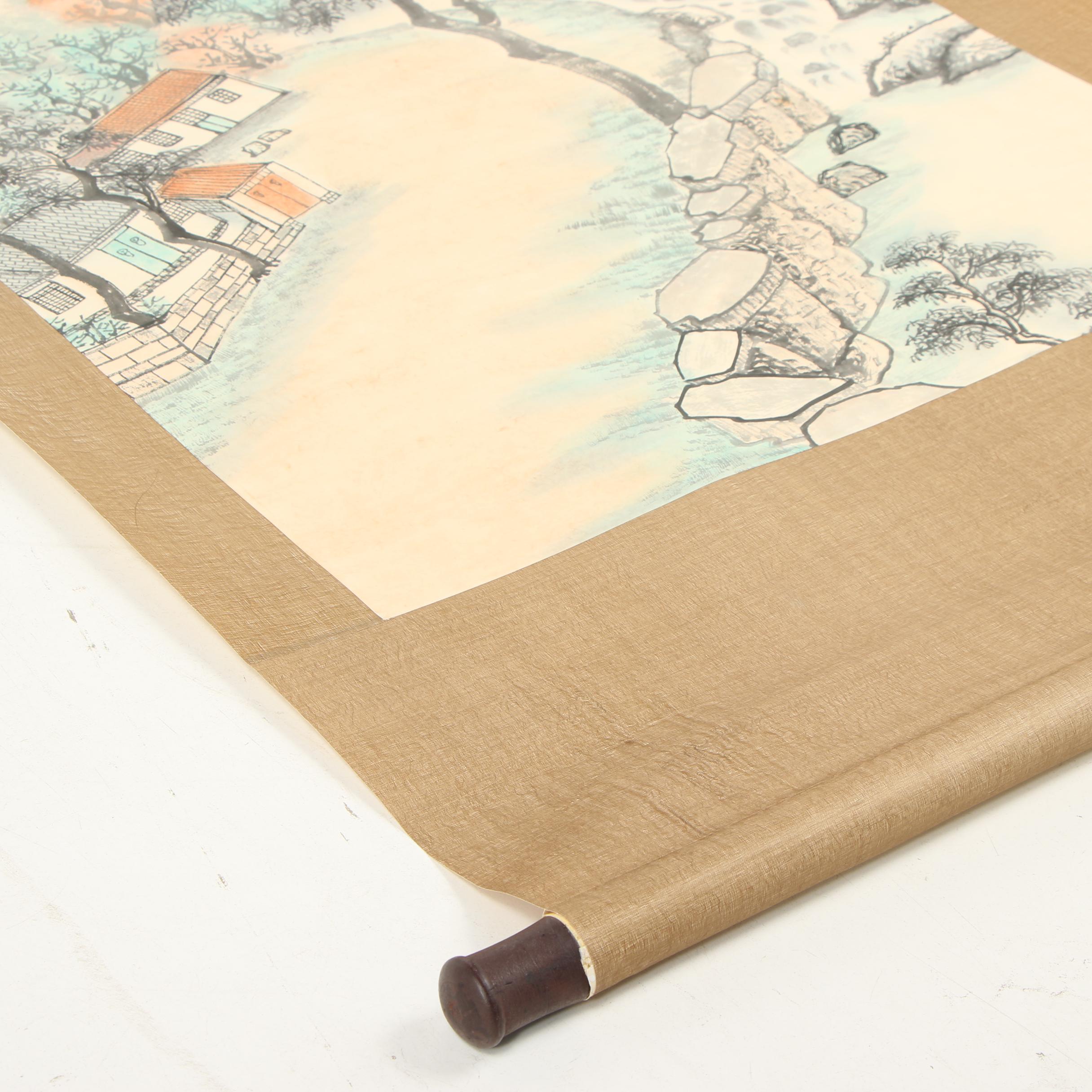 Lu Yishao Landscape Watercolor Painted Hanging Scroll