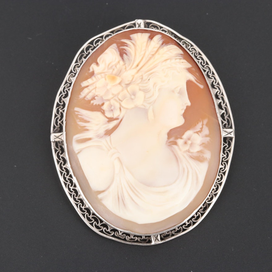 Victorian Sterling Silver Helmet Shell Cameo Brooch