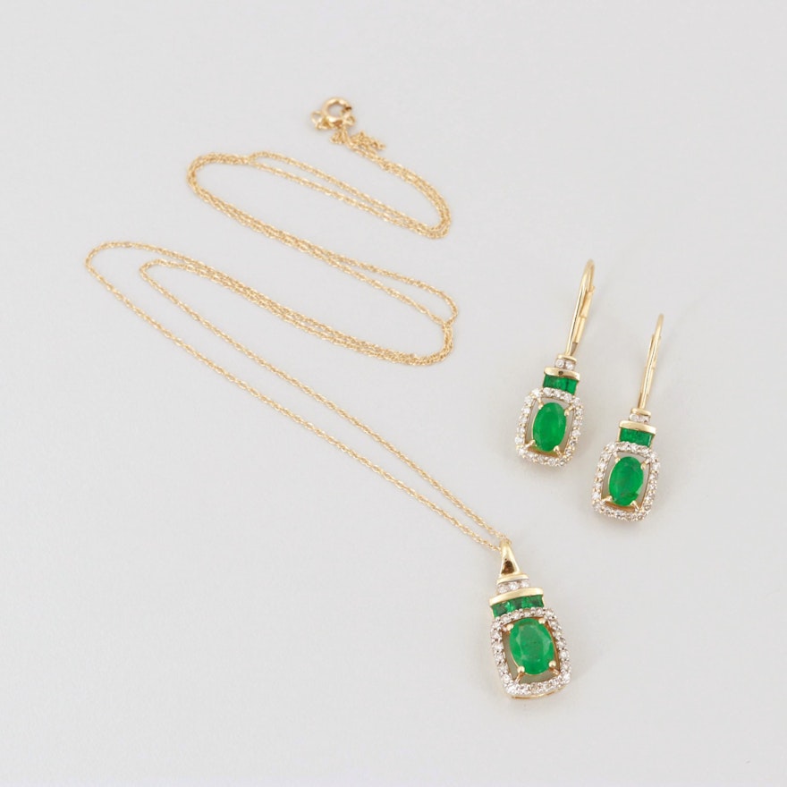 14K Yellow Gold Emerald and Diamond Necklace Pendant and Earrings
