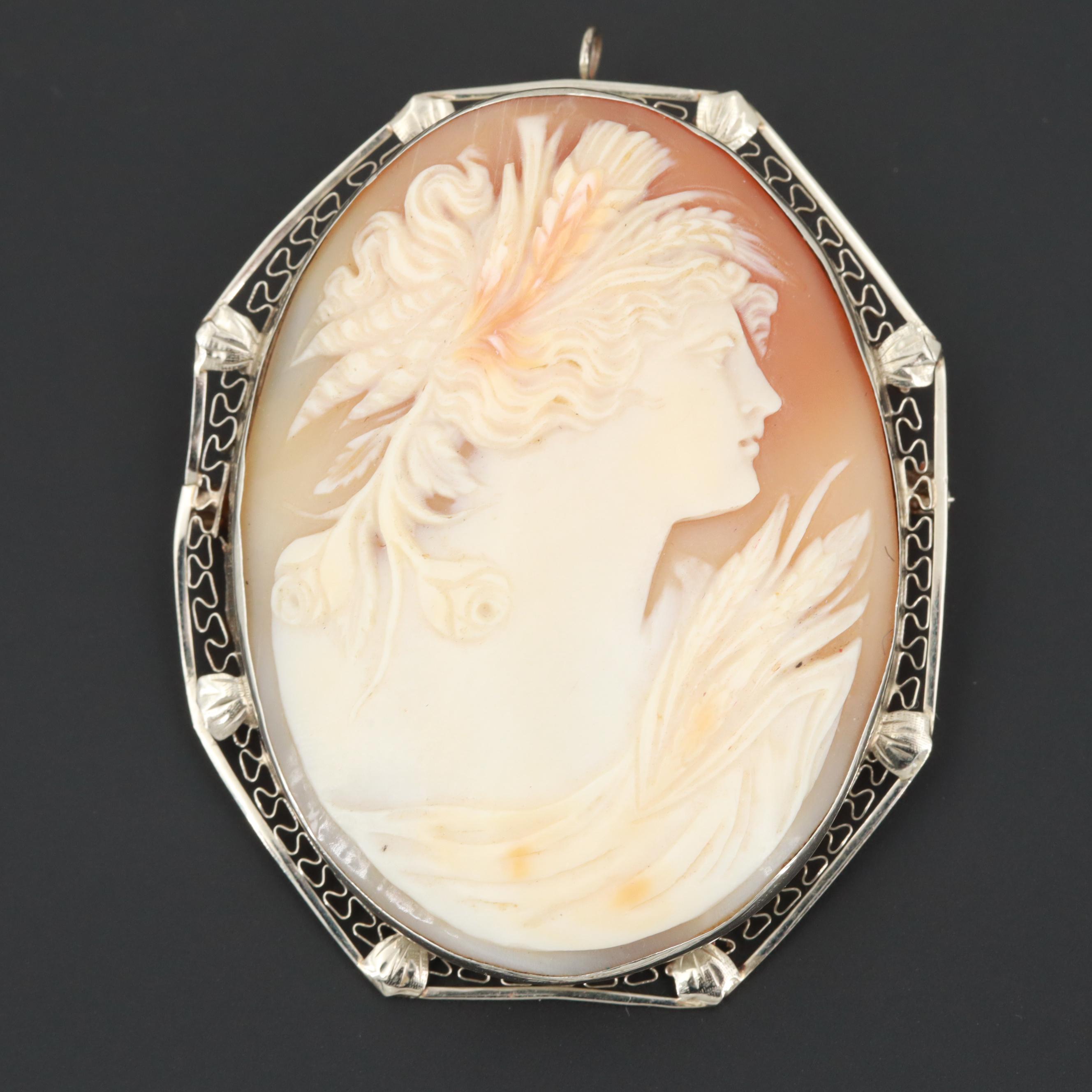 Circa 1930s 14K White Gold Helmet Shell Cameo Converter Brooch