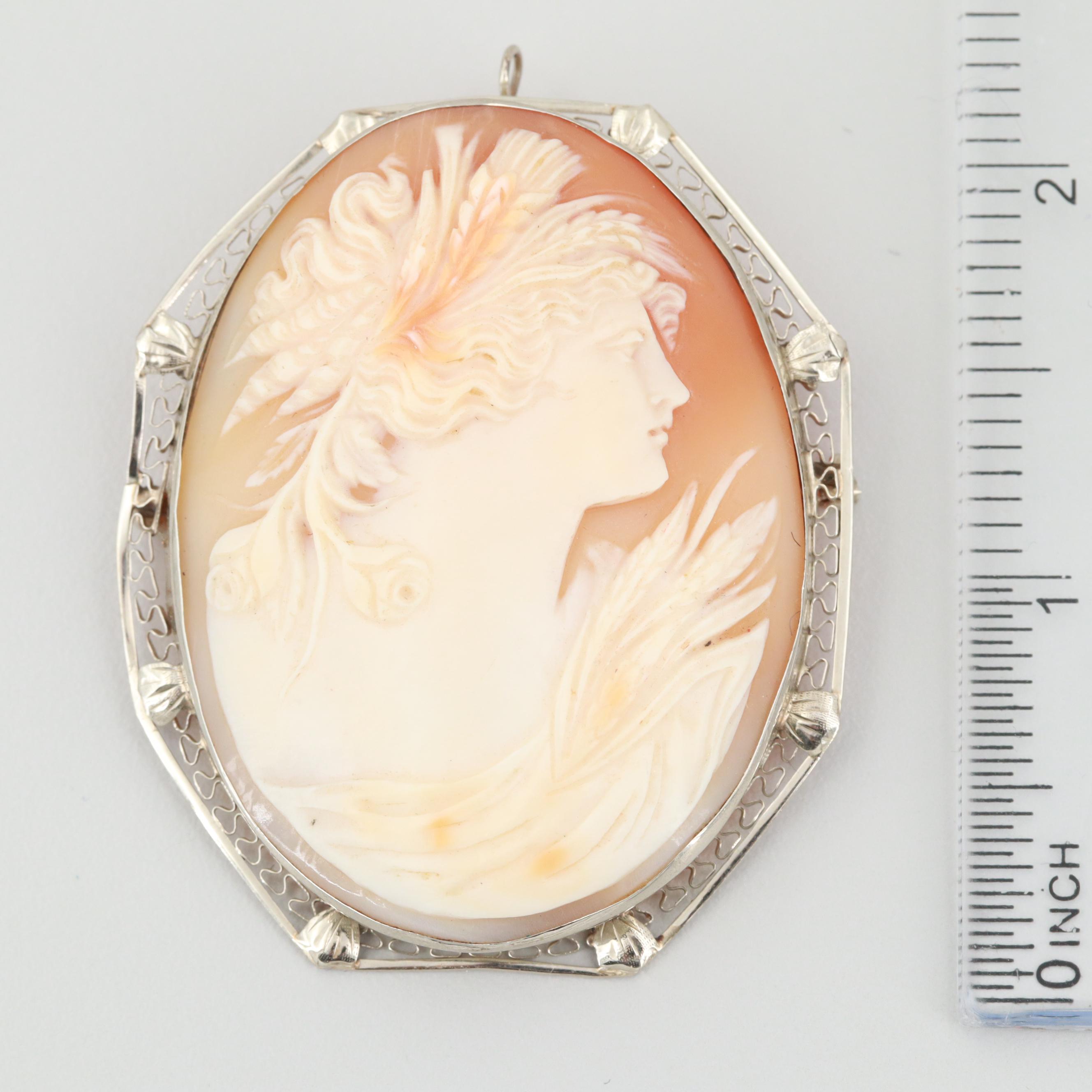 Circa 1930s 14K White Gold Helmet Shell Cameo Converter Brooch