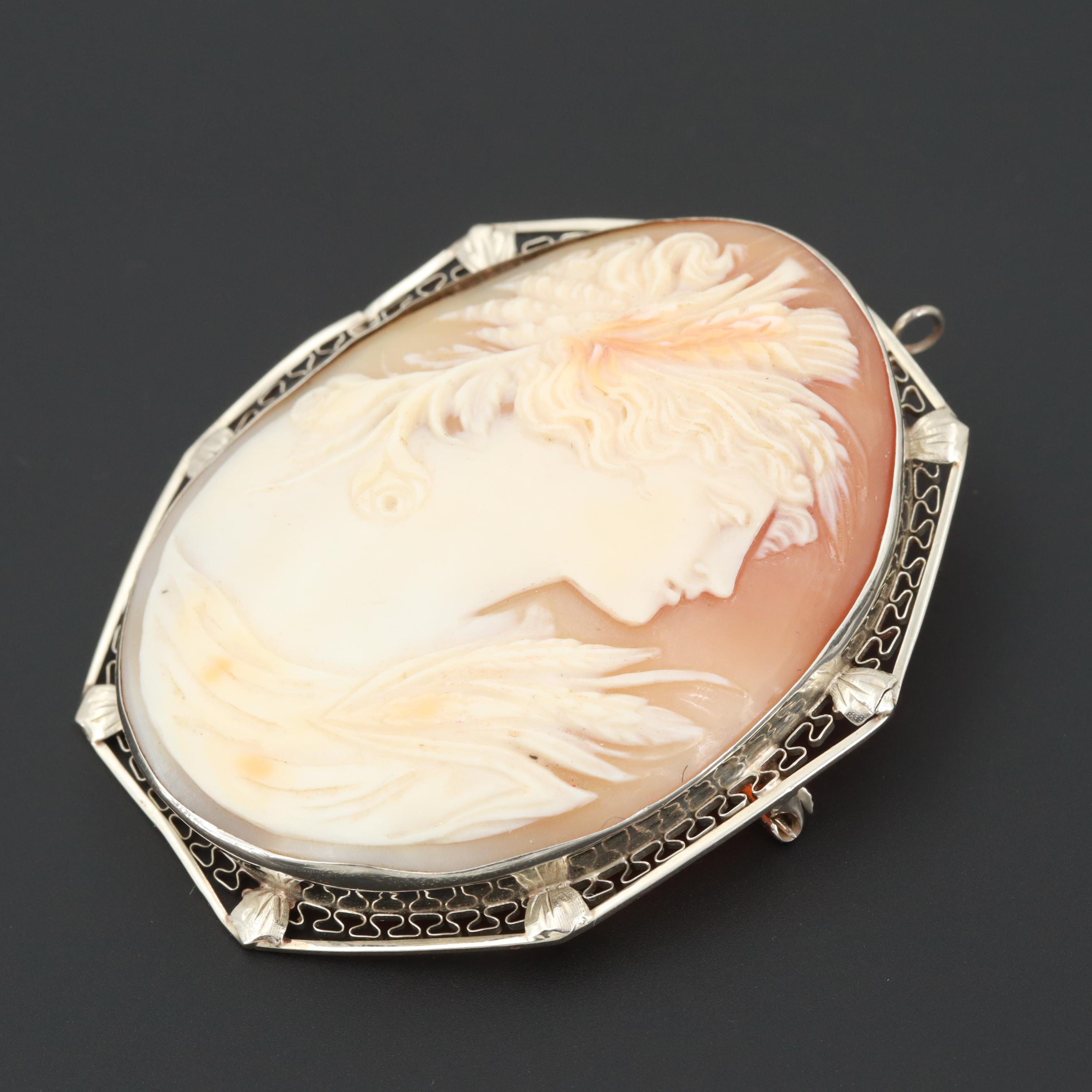 Circa 1930s 14K White Gold Helmet Shell Cameo Converter Brooch