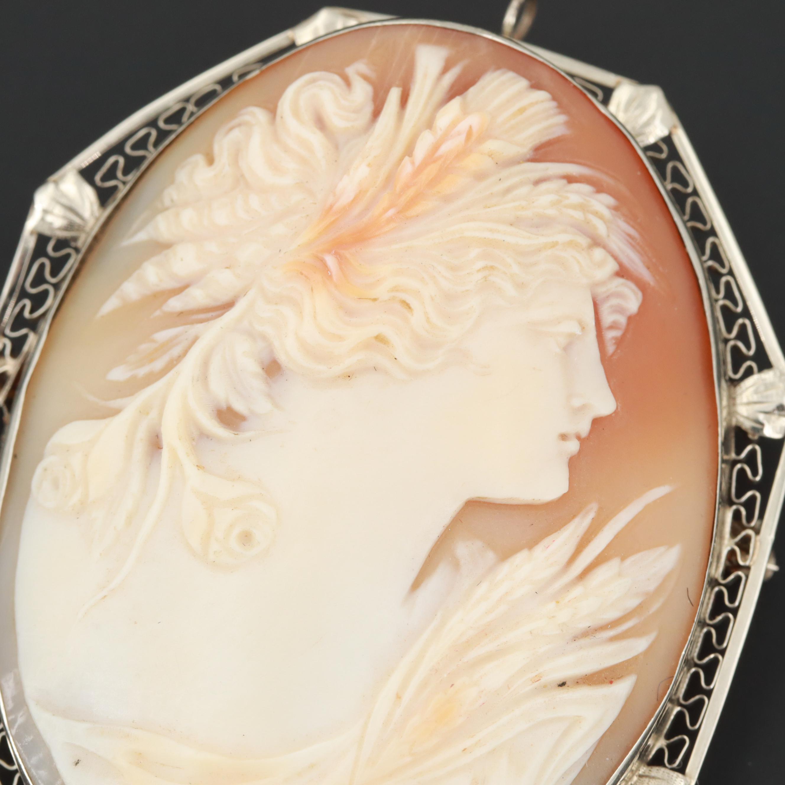 Circa 1930s 14K White Gold Helmet Shell Cameo Converter Brooch