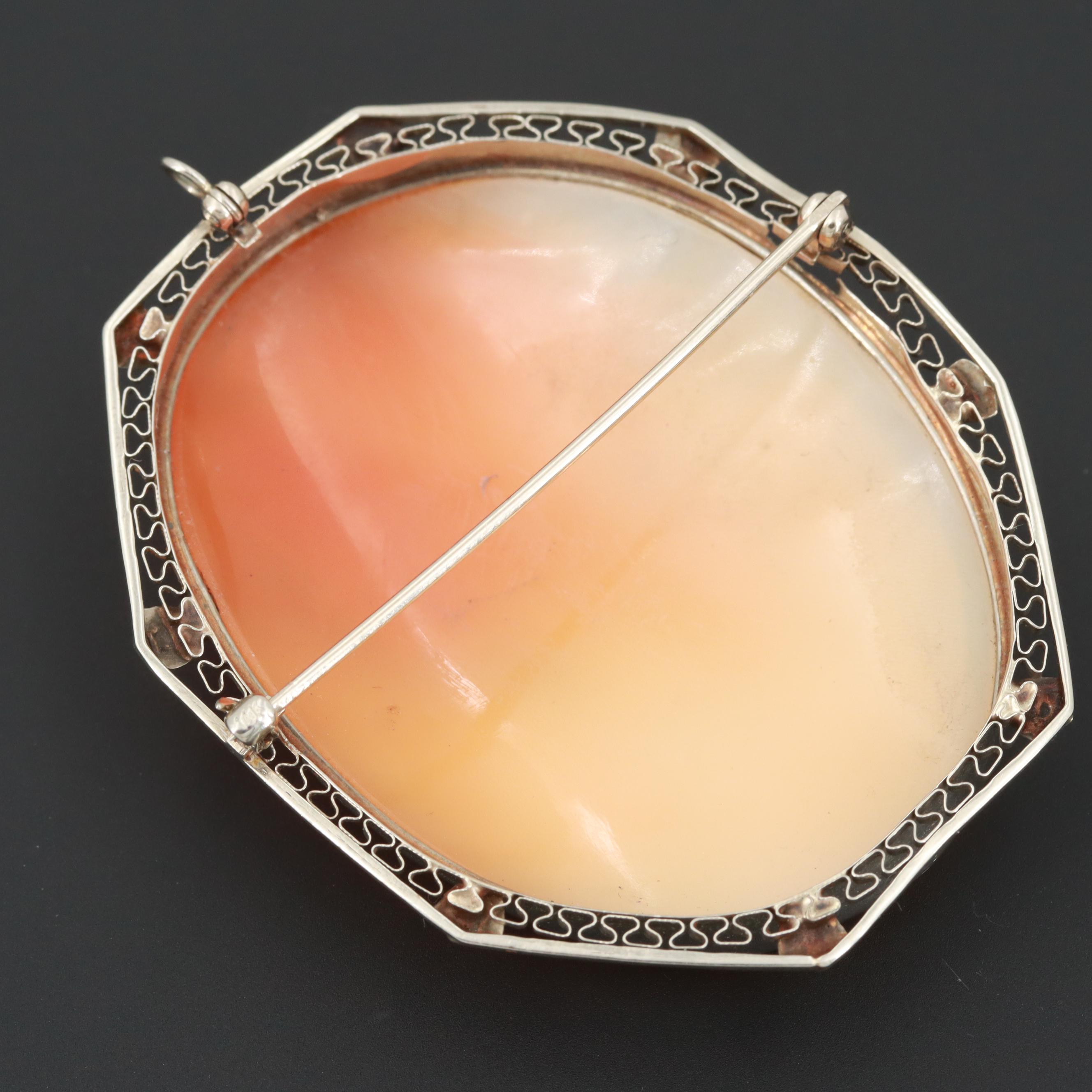 Circa 1930s 14K White Gold Helmet Shell Cameo Converter Brooch
