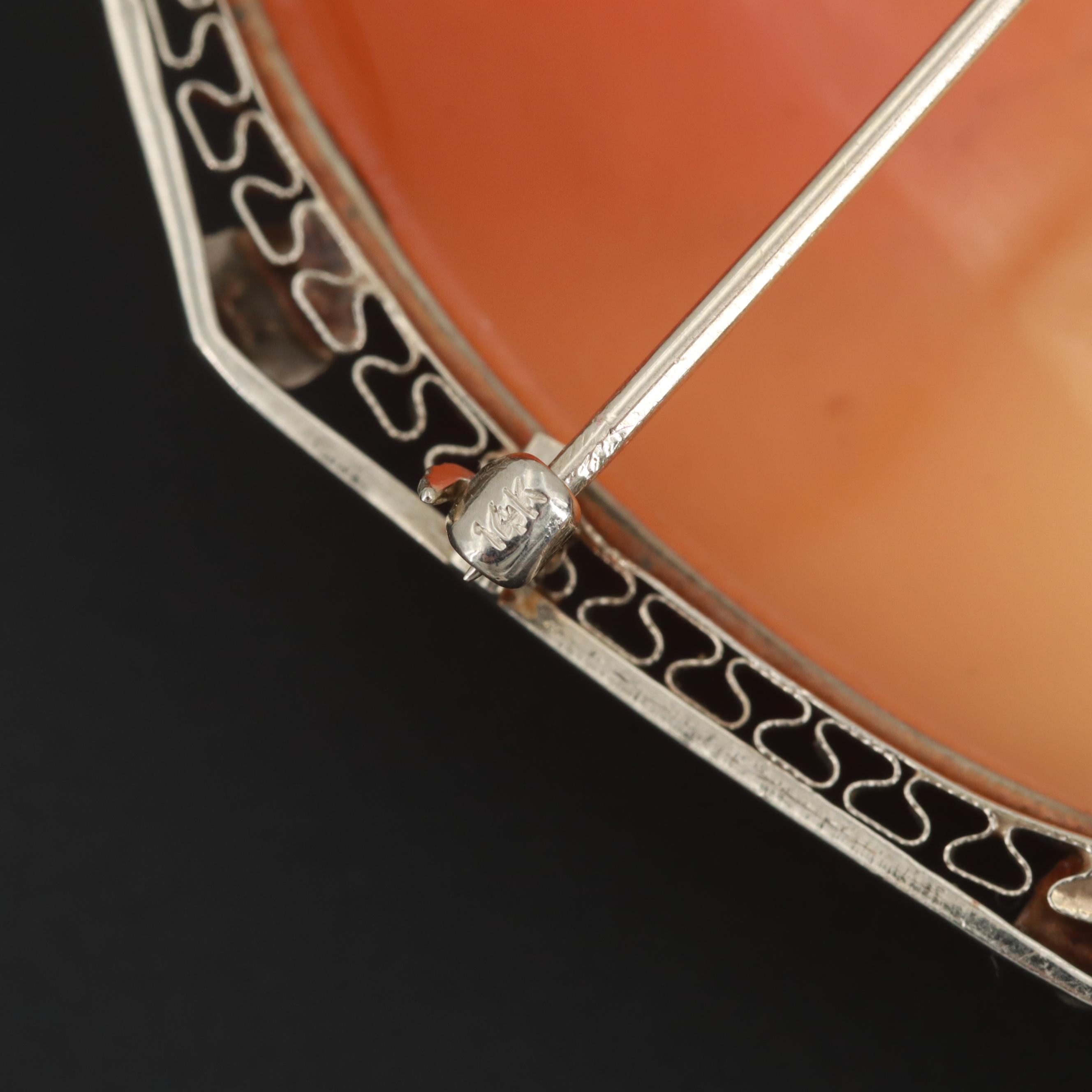 Circa 1930s 14K White Gold Helmet Shell Cameo Converter Brooch