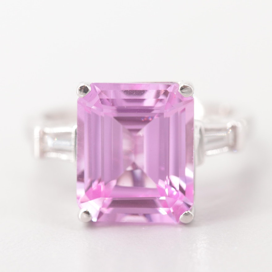 14K White Gold Pink Synthetic Sapphire and Diamond Ring