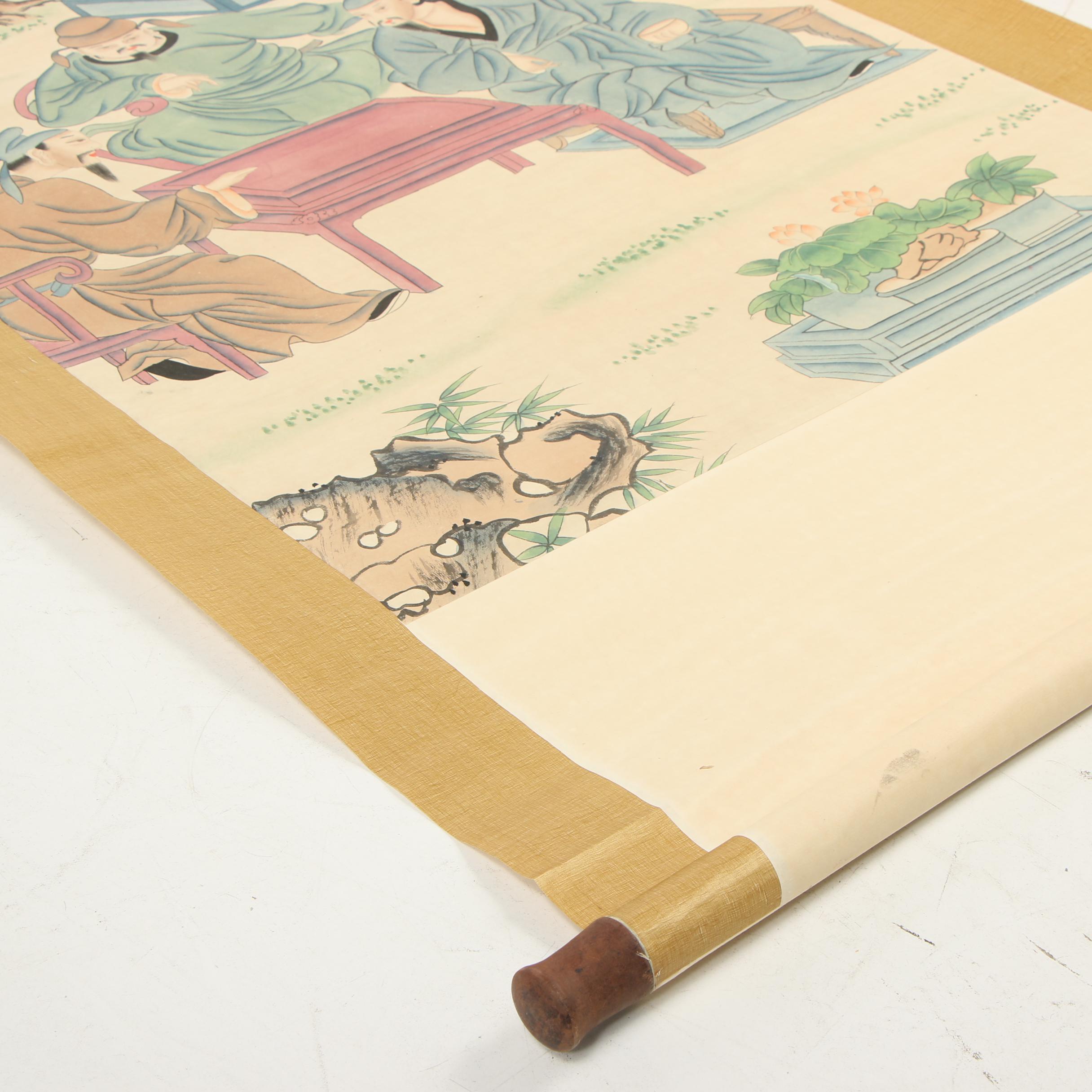 Chinese Gouache Hanging Scroll of Genre Scene