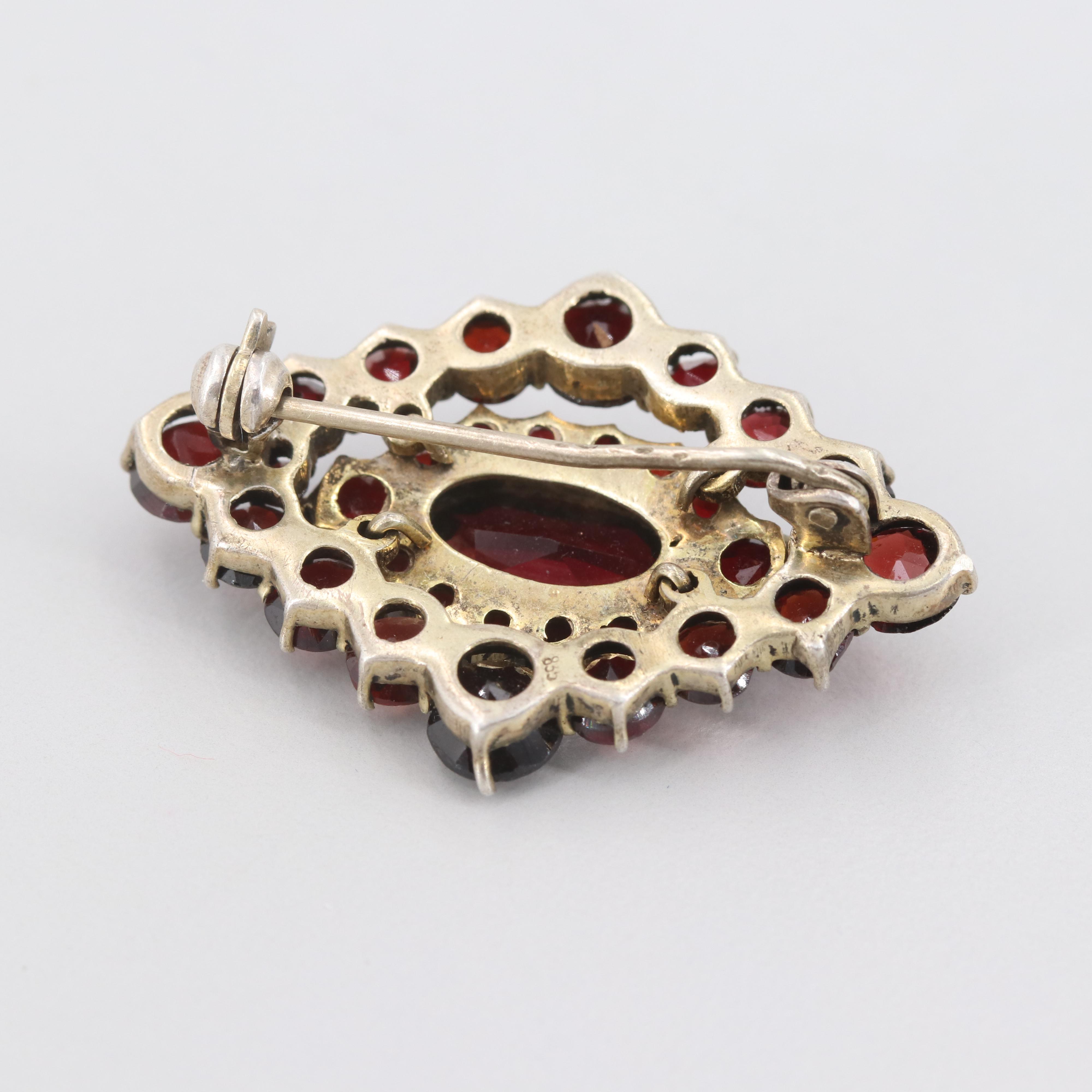 Vintage Gold Wash on 835 Silver Garnet Brooch