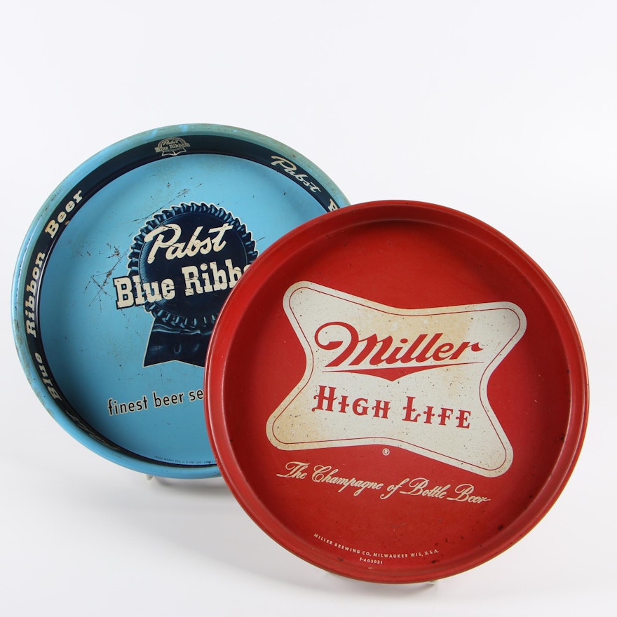 Miller High Life and Pabst Blue Ribbon Metal Trays, Late 20th Century