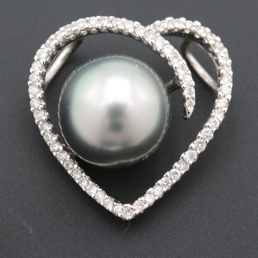 18K White Gold Cultured Pearl and Diamond Pendant