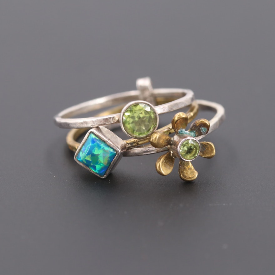 Sterling Silver and Silver Tone Synthetic Opal and Peridot Stacker Rings