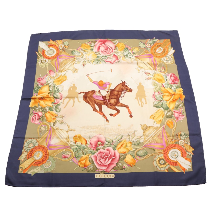 Gucci Polo and Floral Print Silk Scarf, Made in Italy