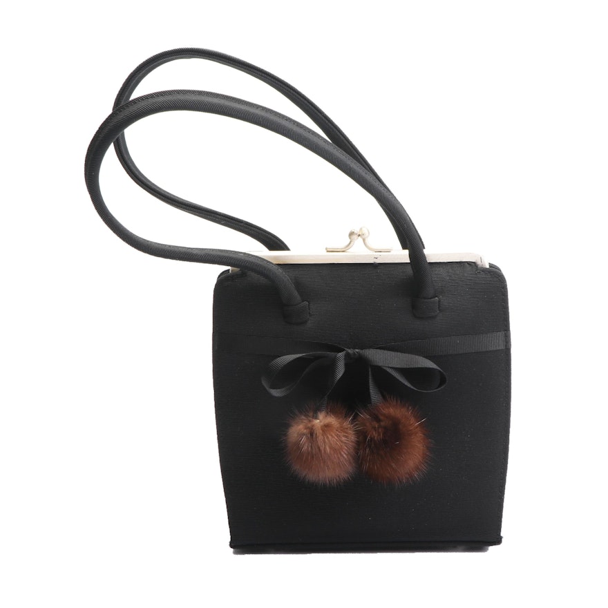 Anya Hindmarch London Black Grosgrain Fabric Frame Bag with Mink Fur Pom-Poms