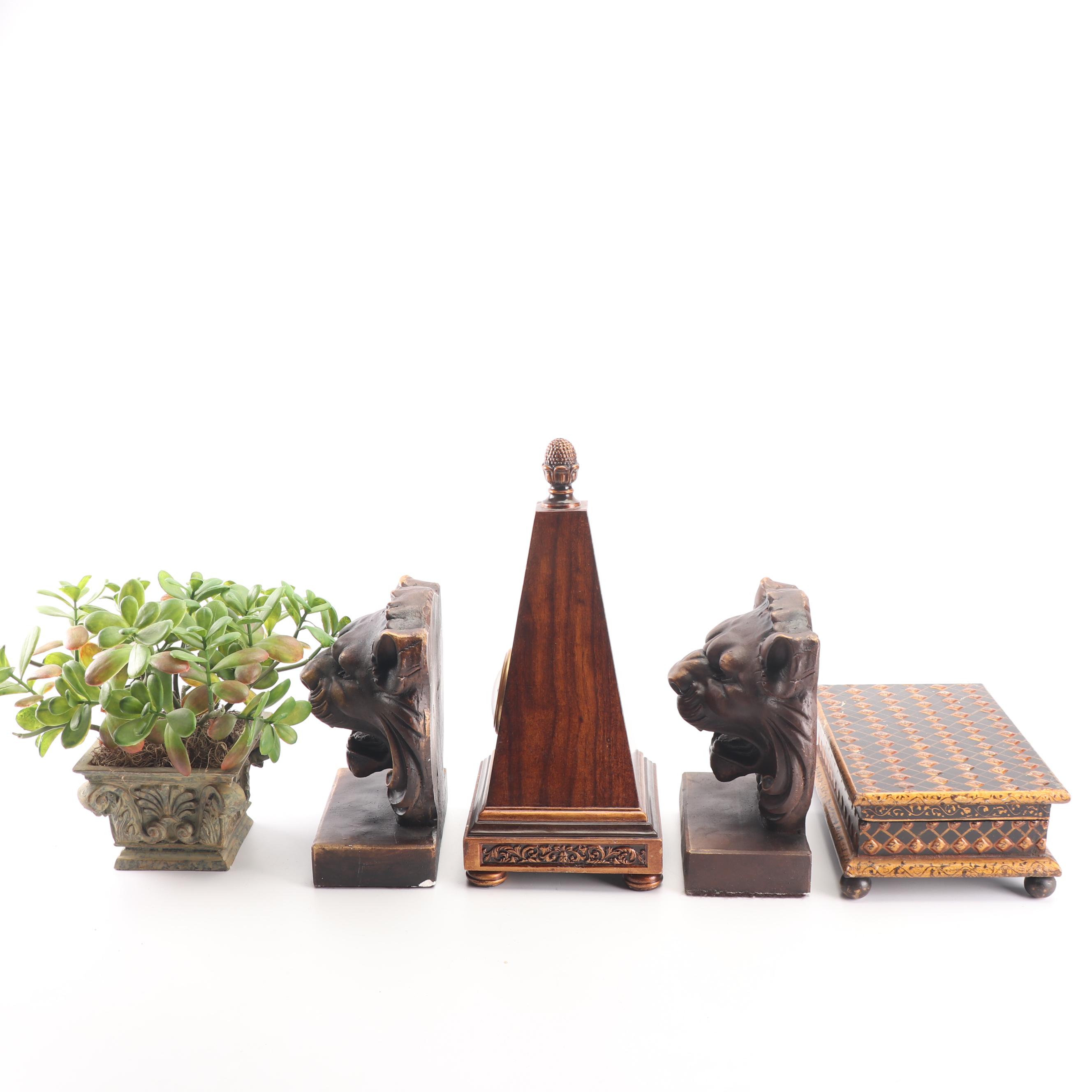 Lion's Head Bookend Pair with Wooden Obelisk Desk Clock and Other Office Décor