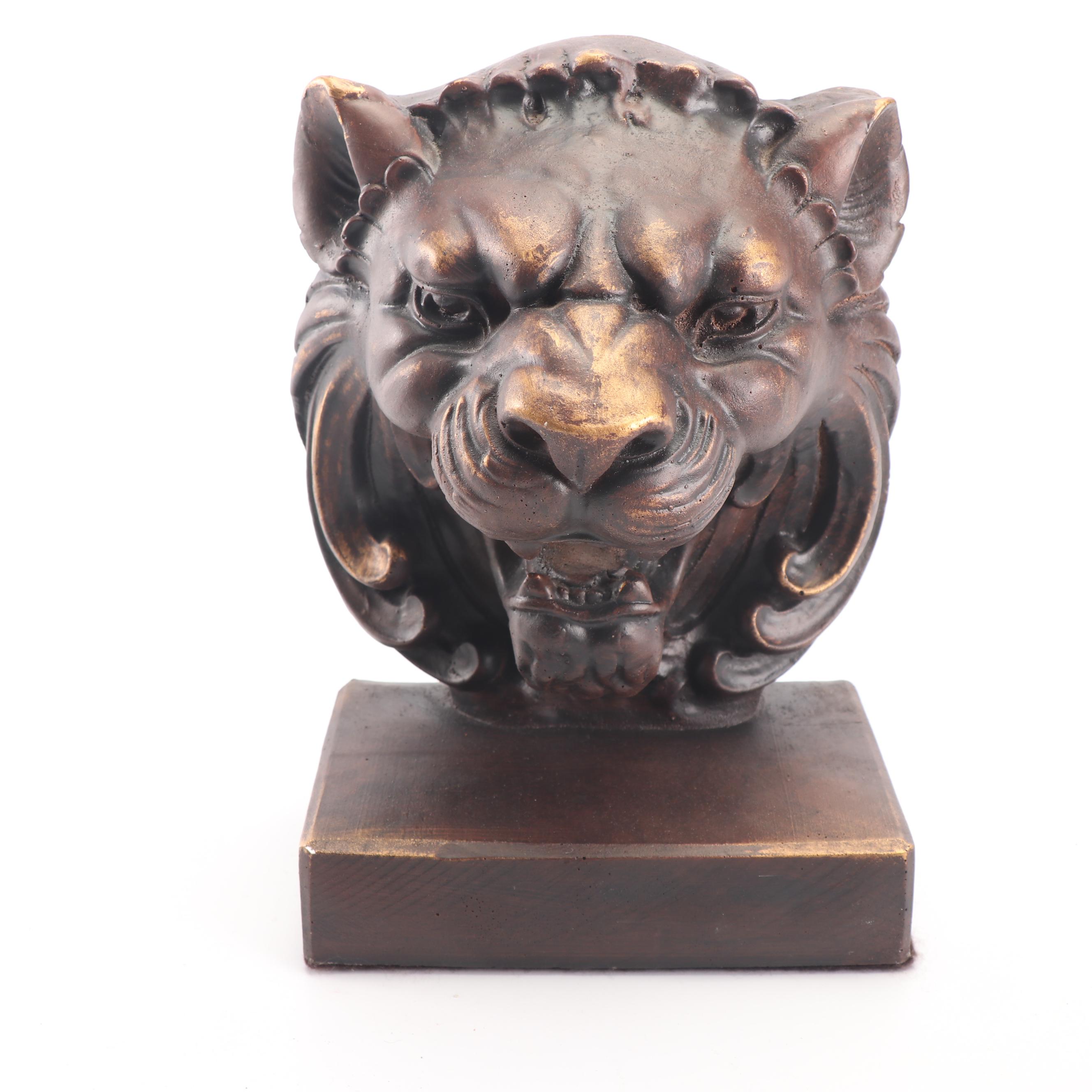 Lion's Head Bookend Pair with Wooden Obelisk Desk Clock and Other Office Décor