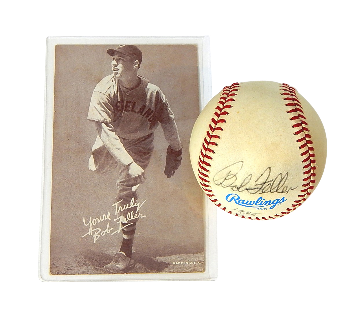 (HOF) Bob Feller Signed Bobby Brown Baseball and 1950s Era Exhibition Card