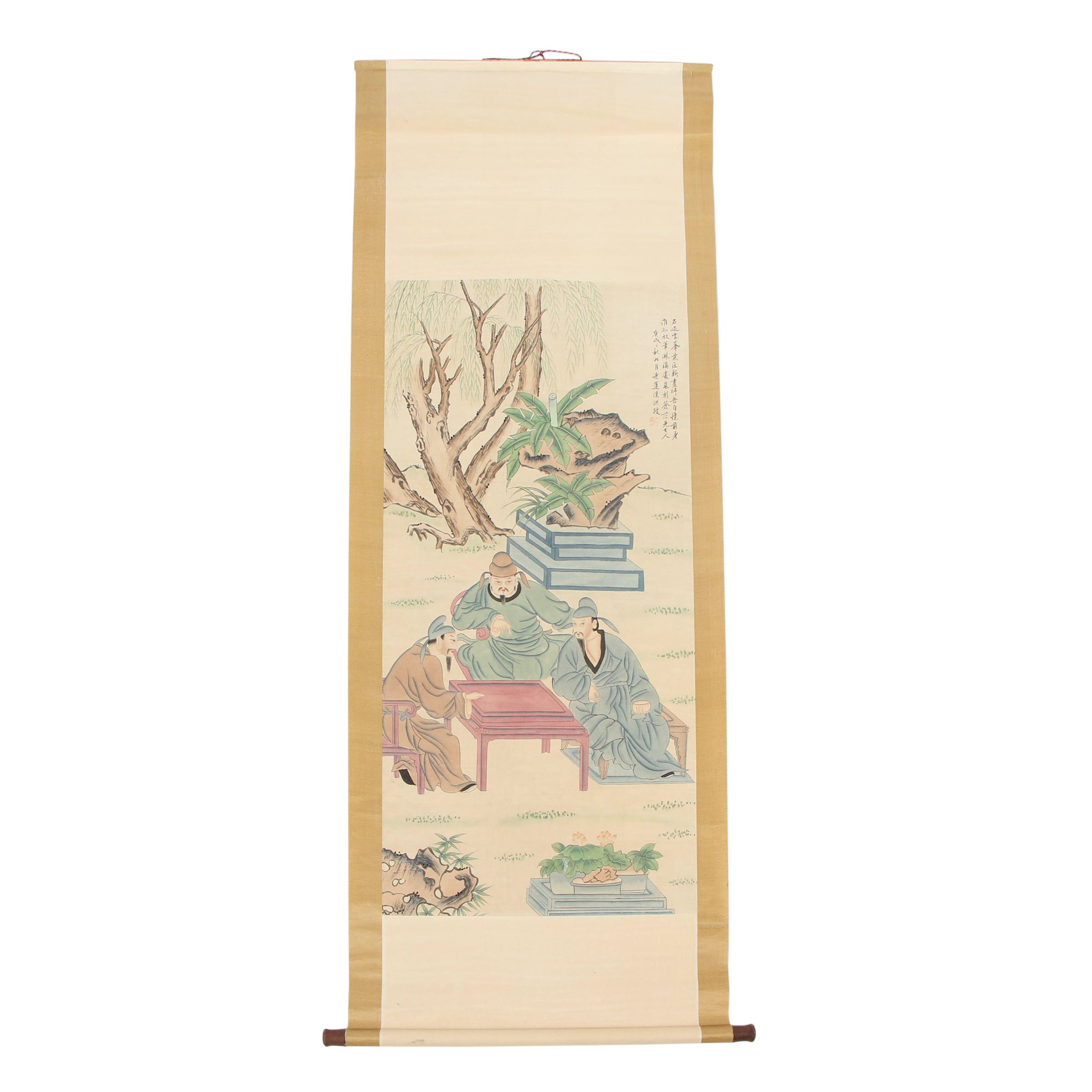 Chinese Gouache Hanging Scroll of Genre Scene