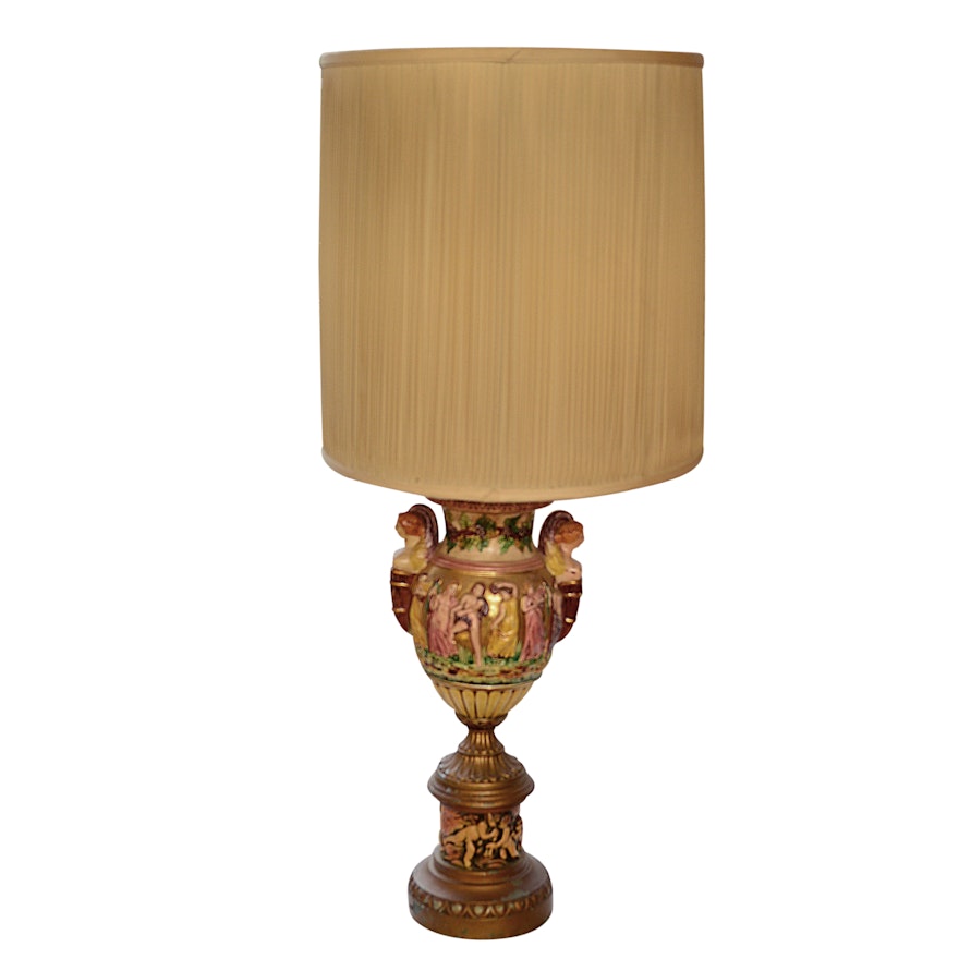 Hand-Painted Capodimonte Style Urn Form Table Lamp with Figural Frieze