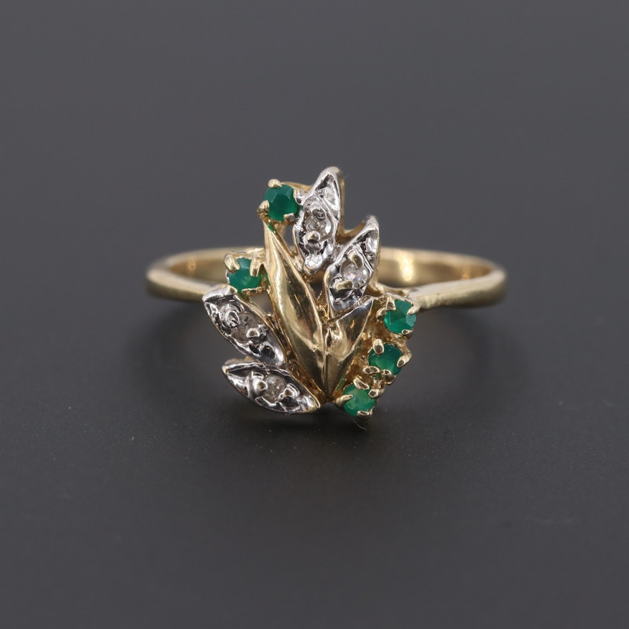 10K Yellow Gold Diamond and Chalcedony Leaf Motif Ring