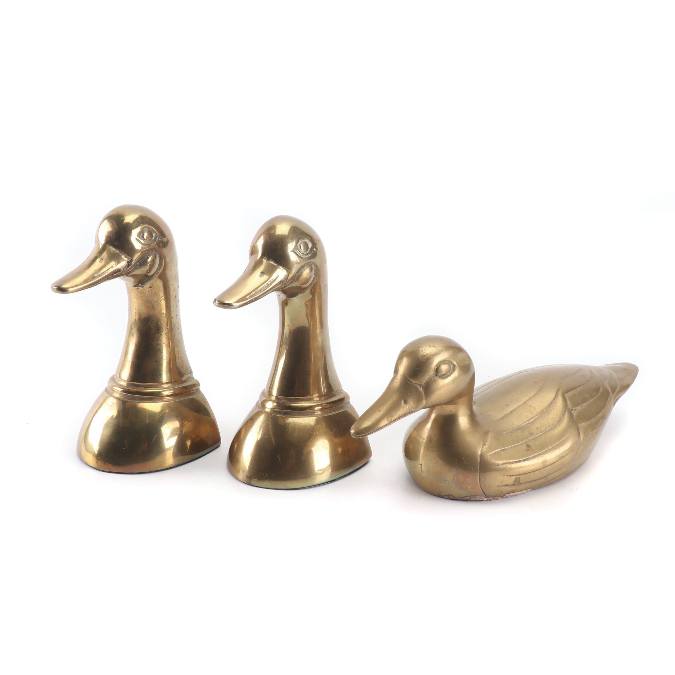 Brass Duck Head Bookends with Duck Figurine, Late 20th Century
