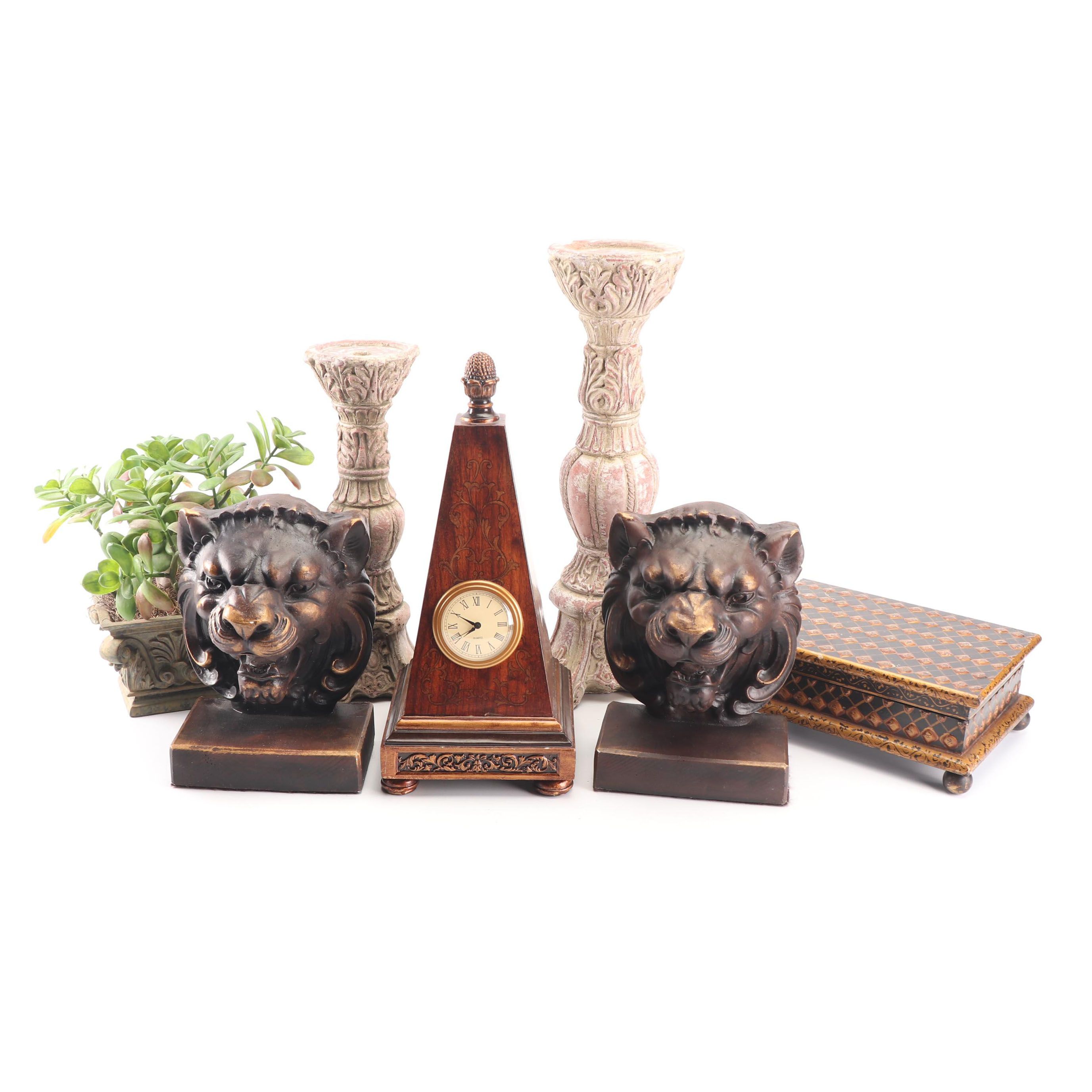 Lion's Head Bookend Pair with Wooden Obelisk Desk Clock and Other Office Décor