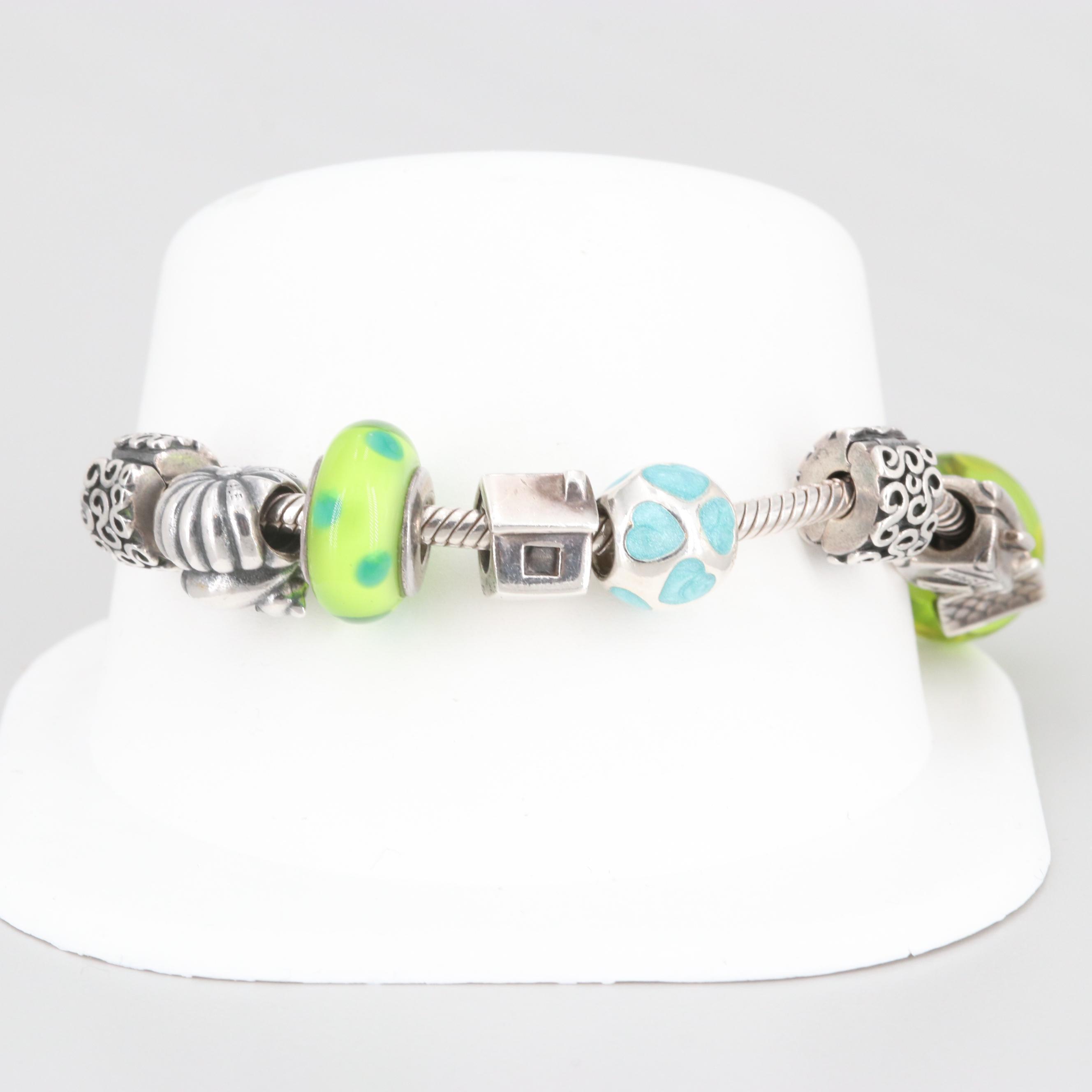 Pandora Sterling Silver Glass and Enamel Charm Bracelet