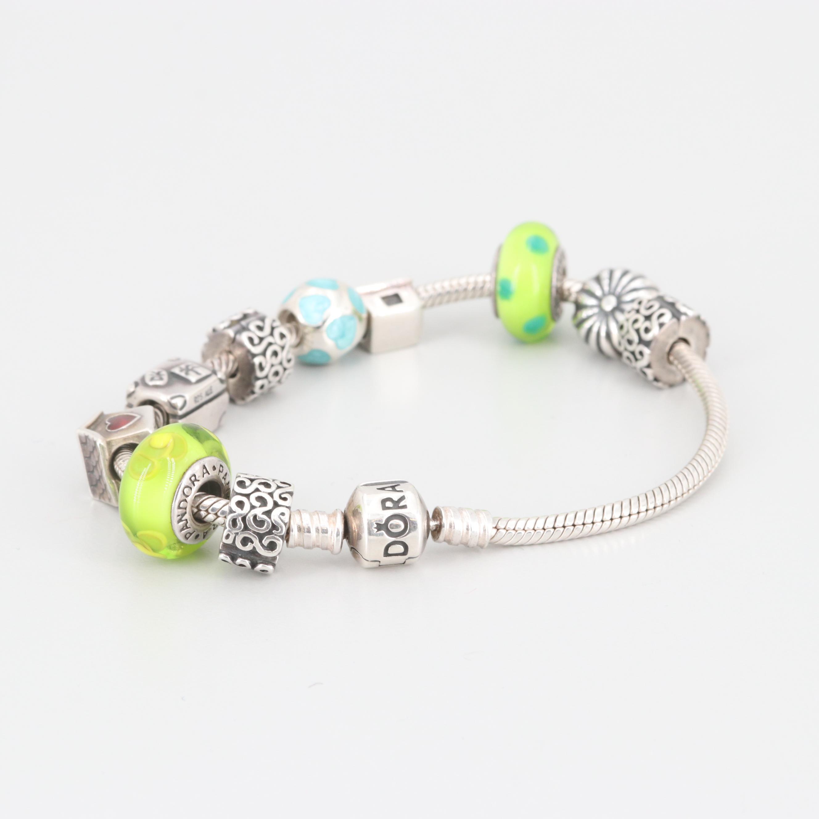 Pandora Sterling Silver Glass and Enamel Charm Bracelet