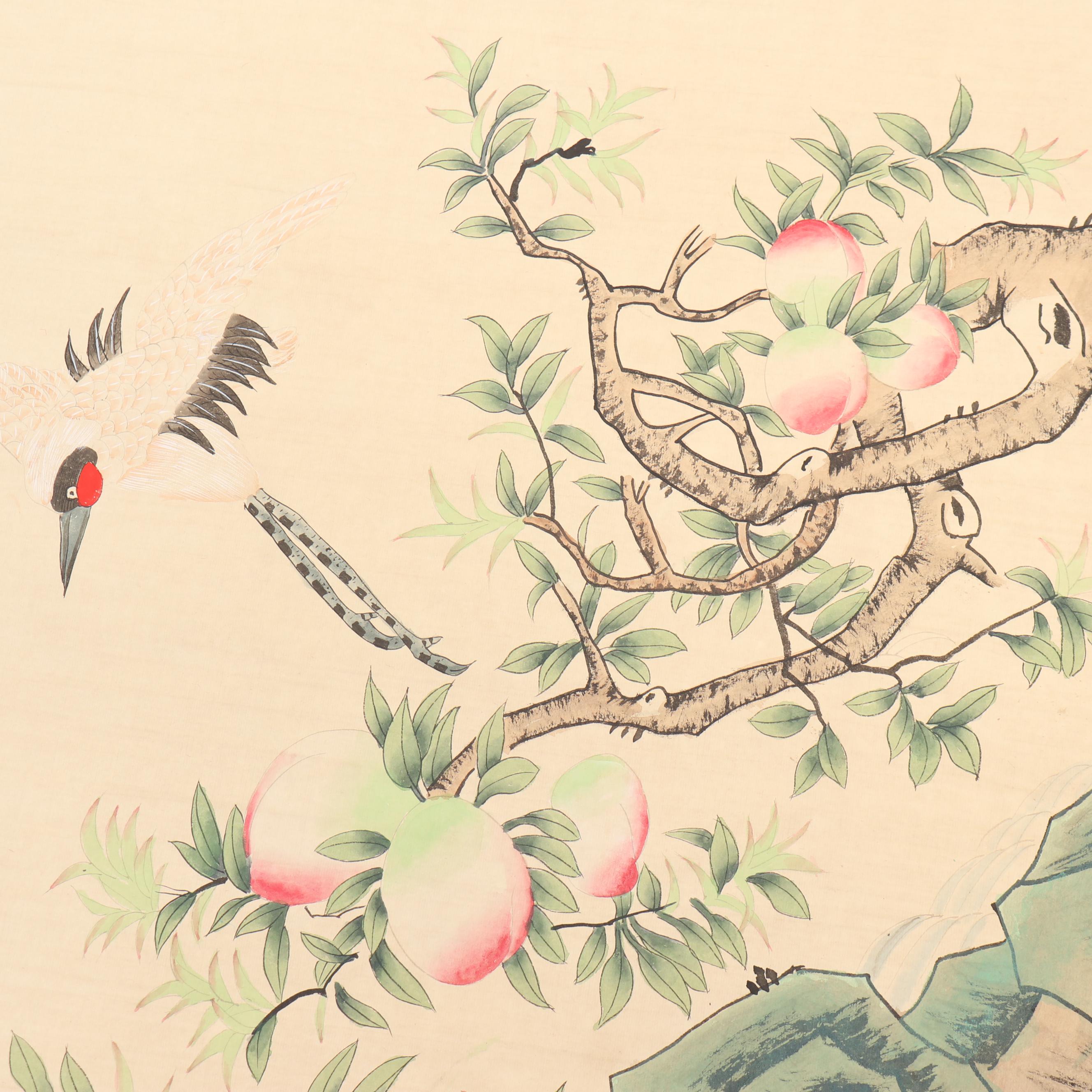Chinese Ink and Watercolor Hanging Scroll of Birds and Peaches