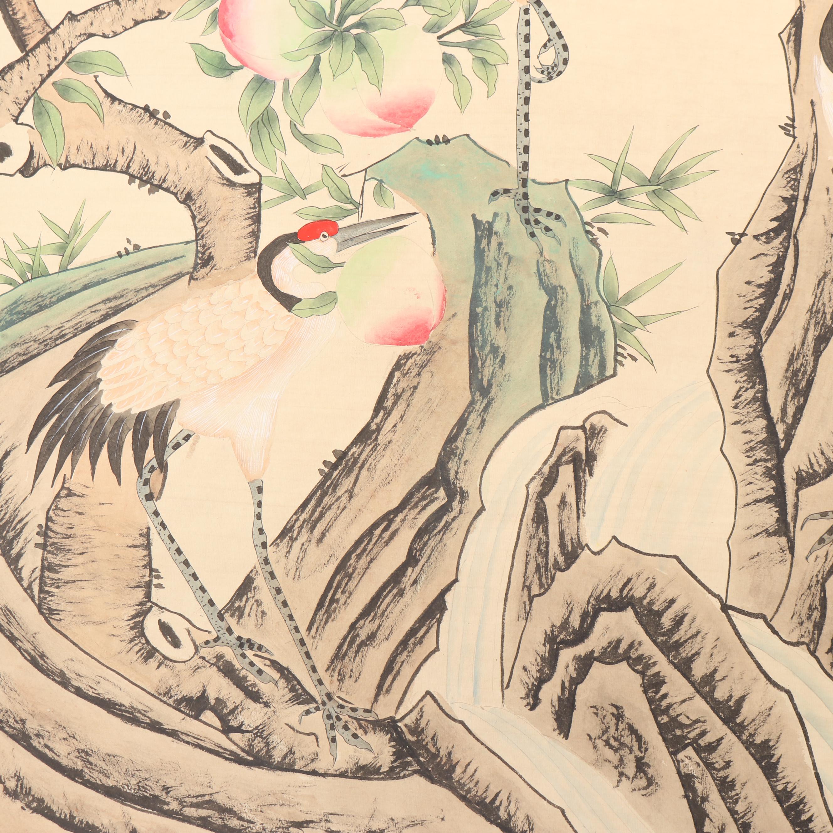 Chinese Ink and Watercolor Hanging Scroll of Birds and Peaches