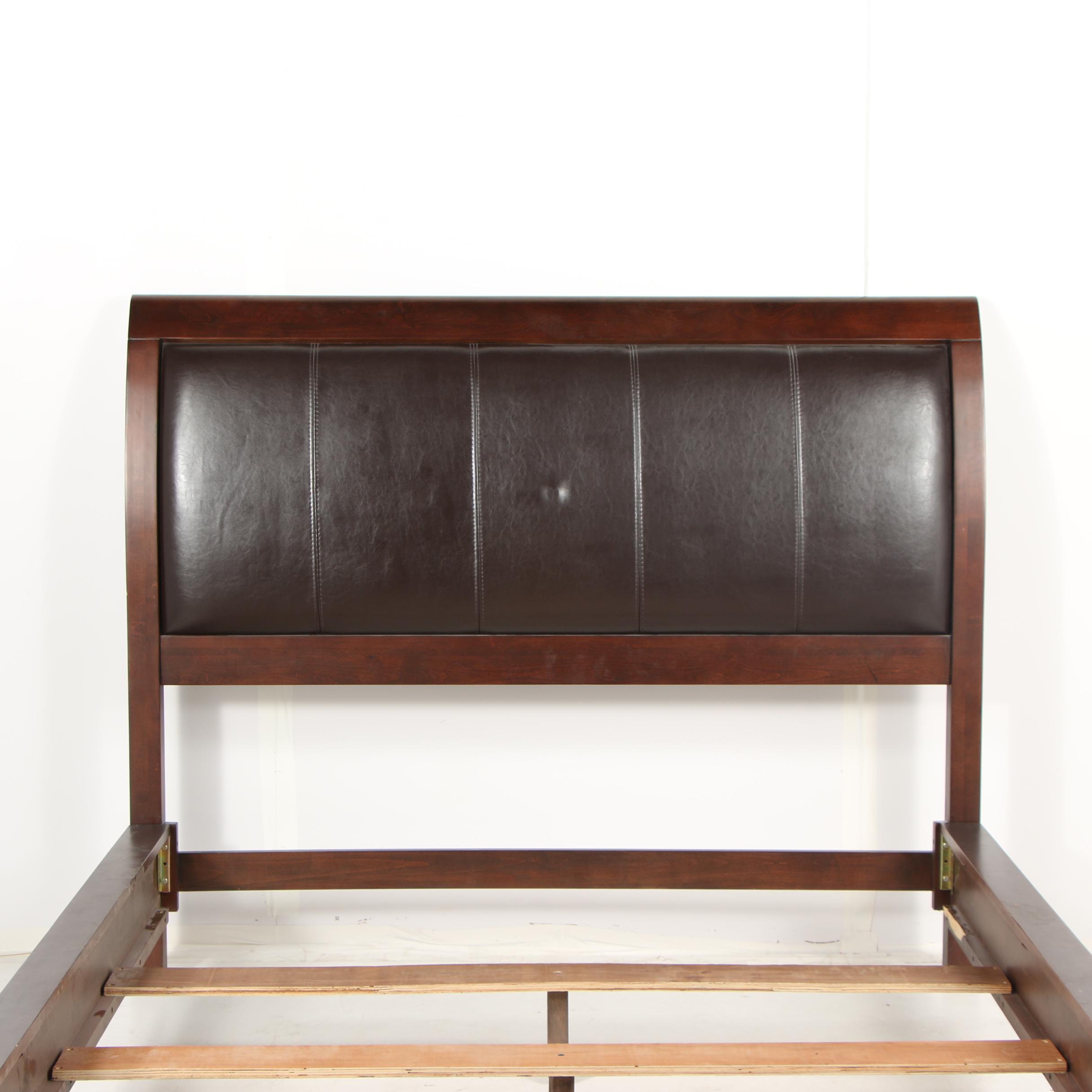 Mahogany Stained Wood Frame Leather Upholstered Queen Size Bed Frame, 21st C.