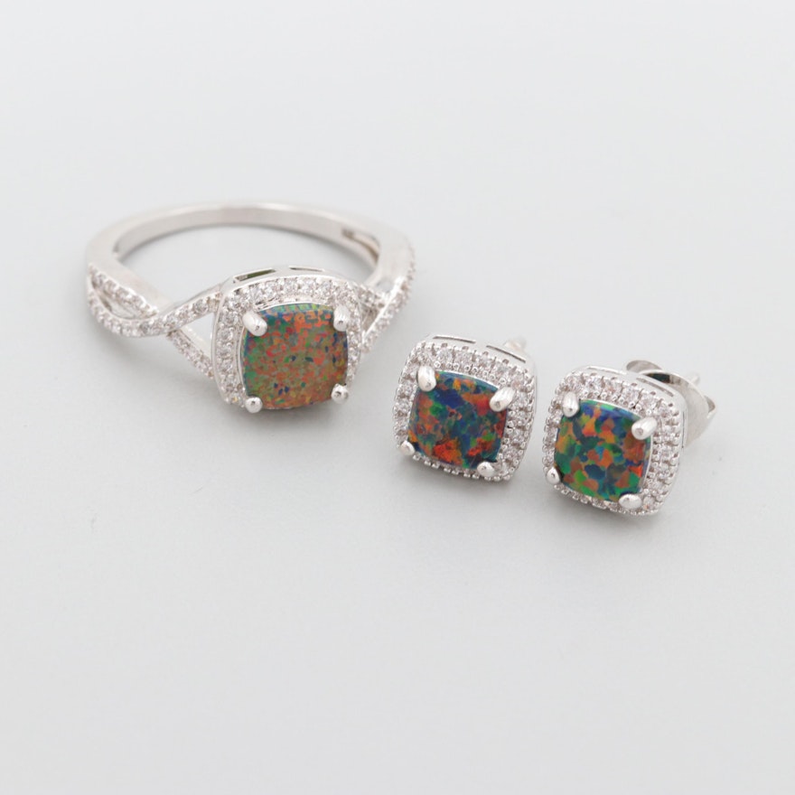 Silver Tone Synthetic Opal and Cubic Zirconia Ring and Stud Earrings