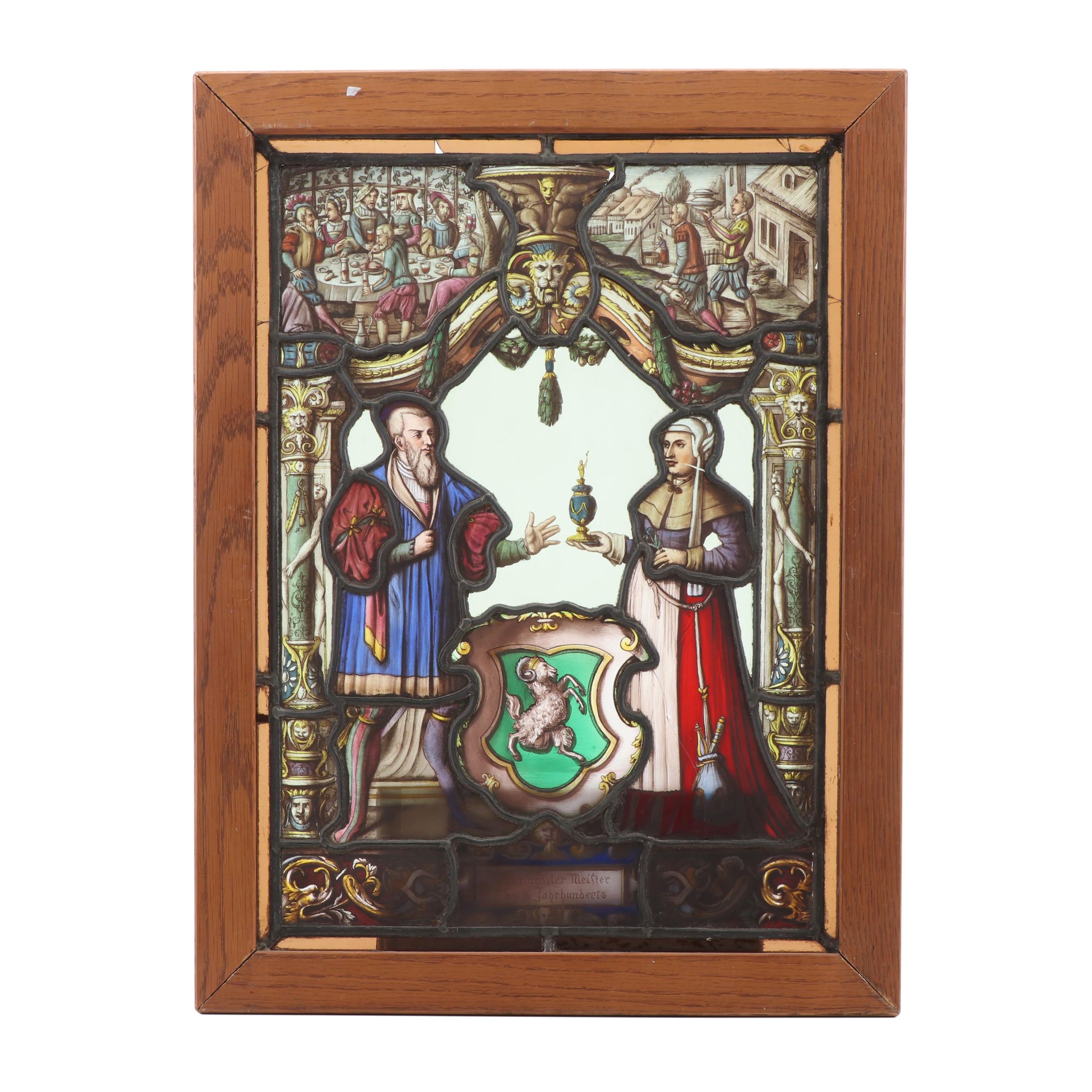 German "Unknown Masters of the 16th Century" Reverse Painted Glass Window, 1886
