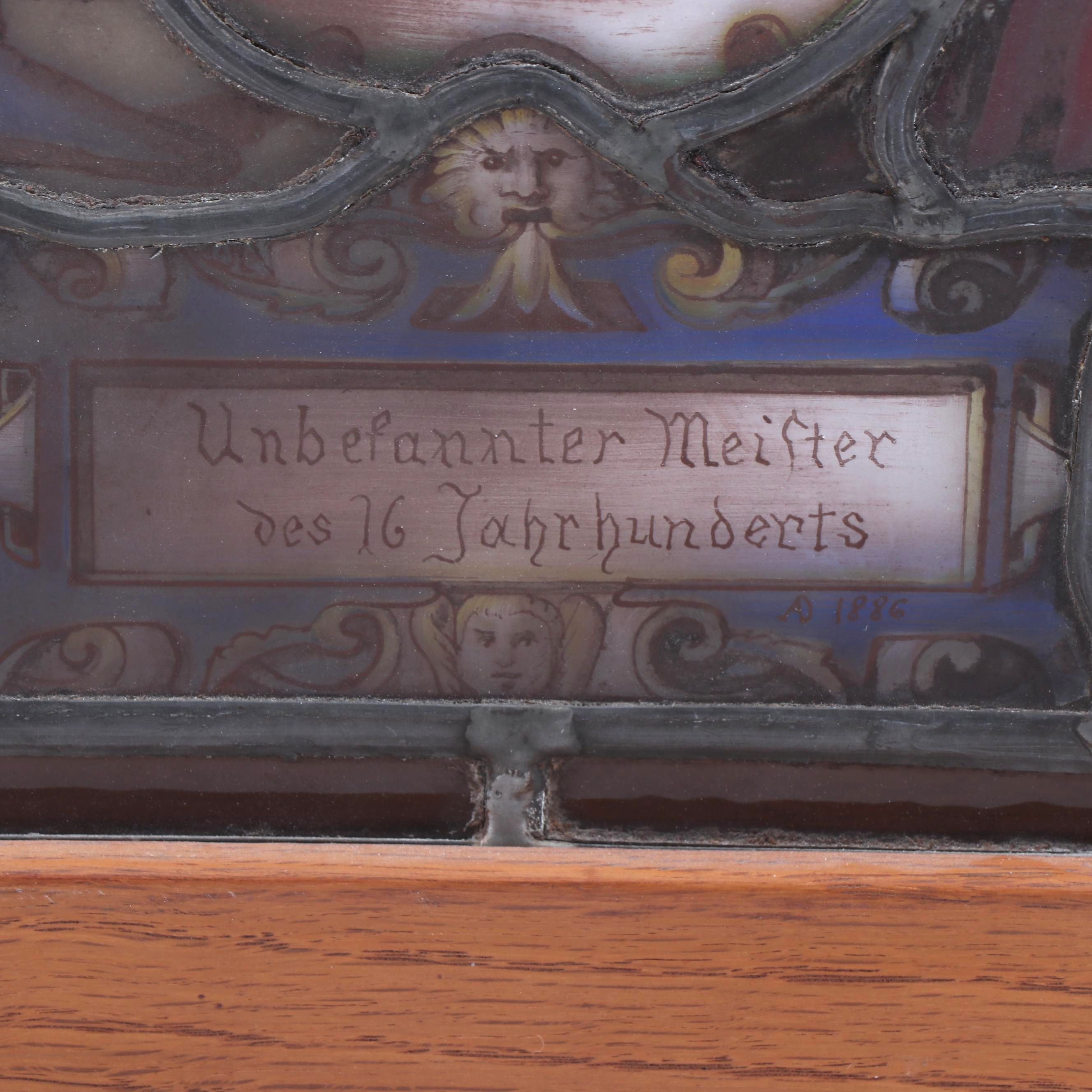 German "Unknown Masters of the 16th Century" Reverse Painted Glass Window, 1886
