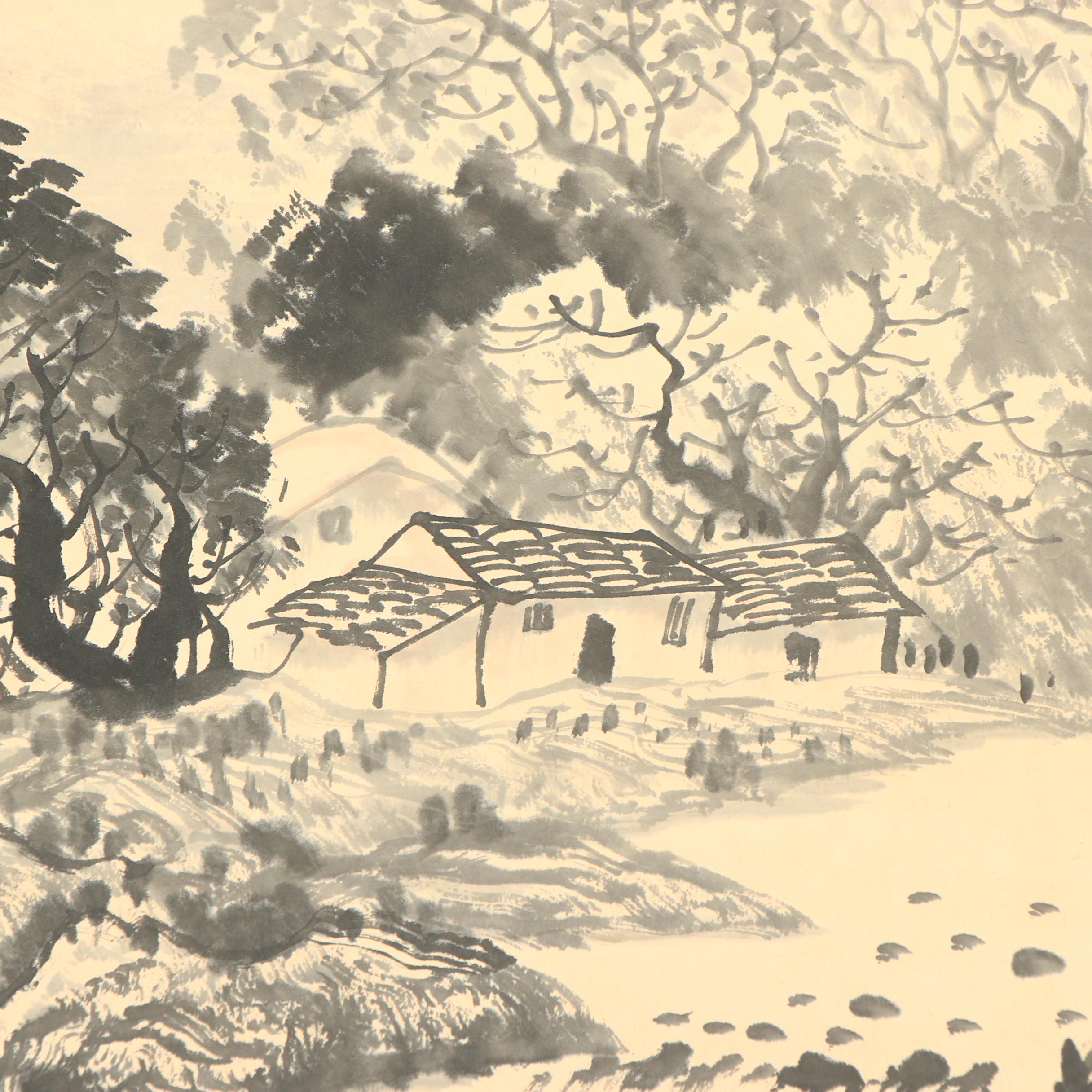 Chinese Landscape Watercolor Hanging Scroll "Misty Rain in Jiangnan"