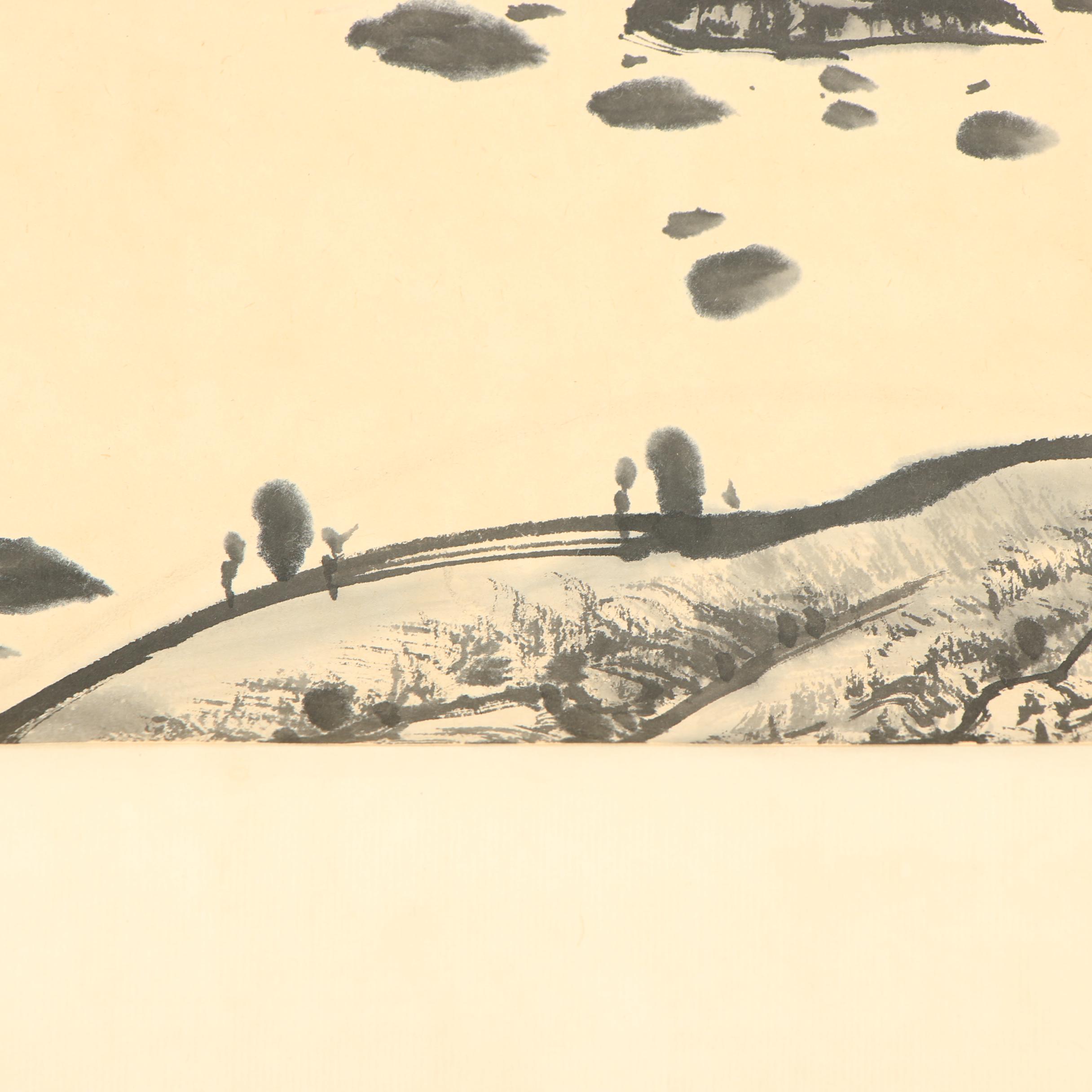 Chinese Landscape Watercolor Hanging Scroll "Misty Rain in Jiangnan"