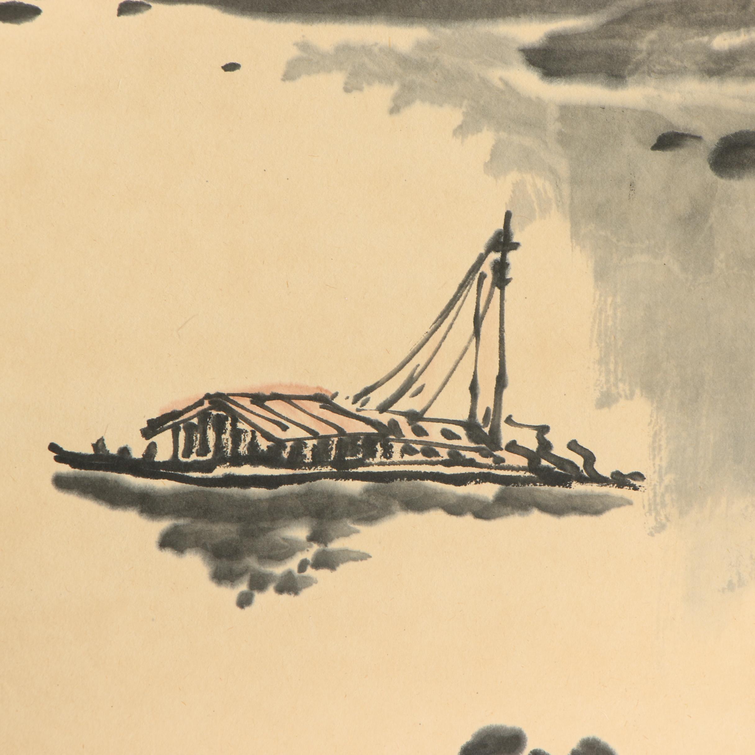 Dong Shouping Watercolor Hanging Scroll of a Landscape