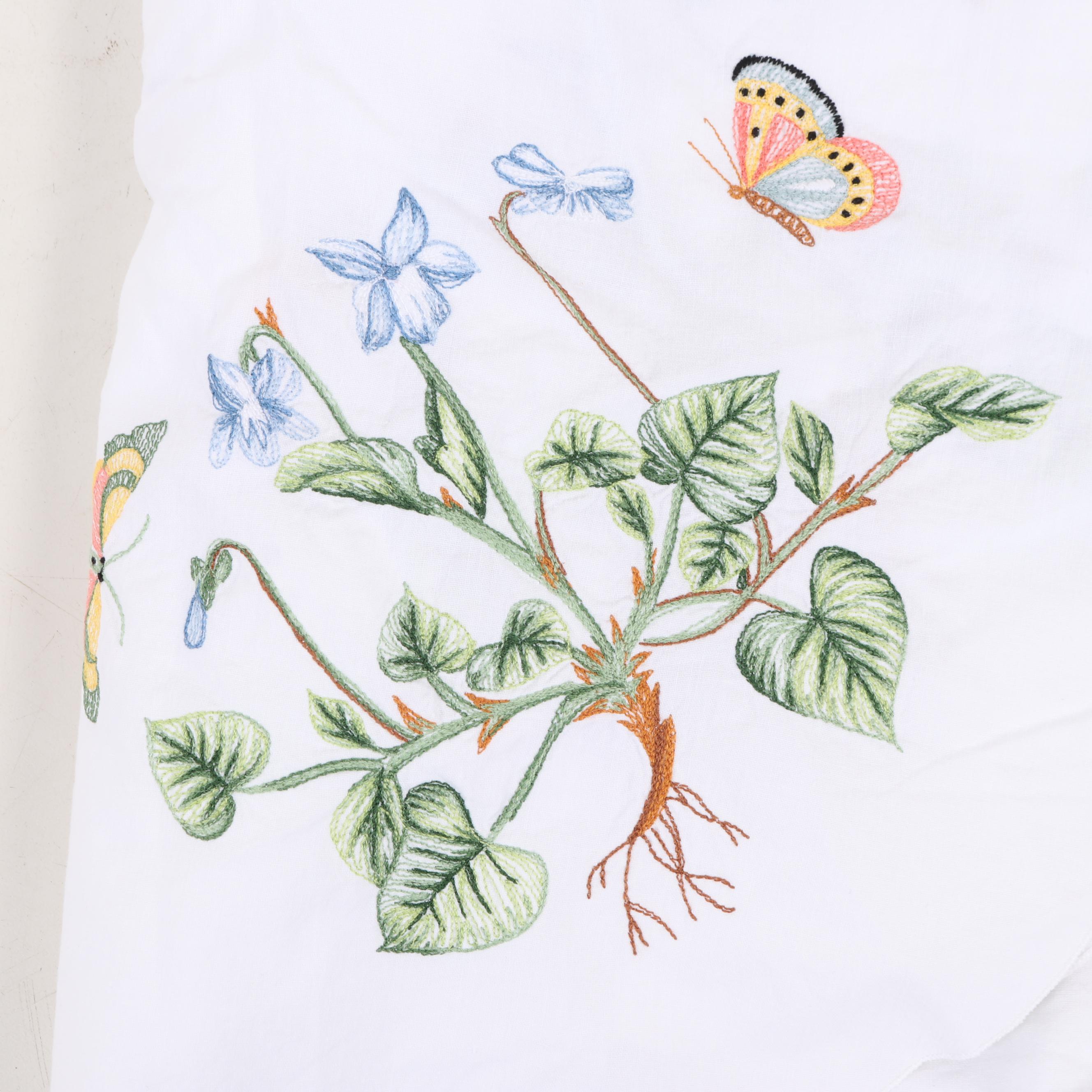 Hand Embroidered Linen Tablecloth and Runner, Mid-20th Century