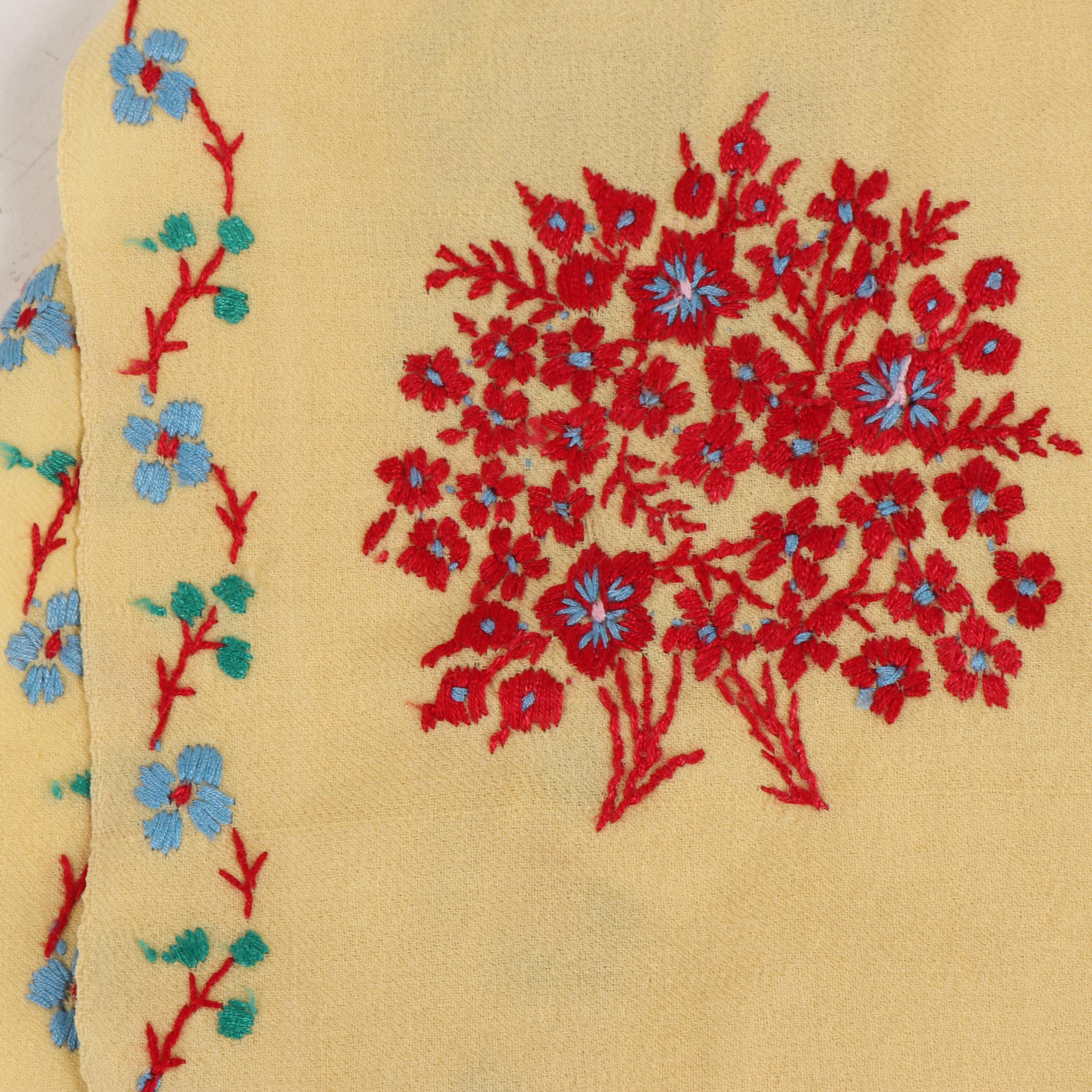 Hand Embroidered Linen Tablecloth and Runner, Mid-20th Century