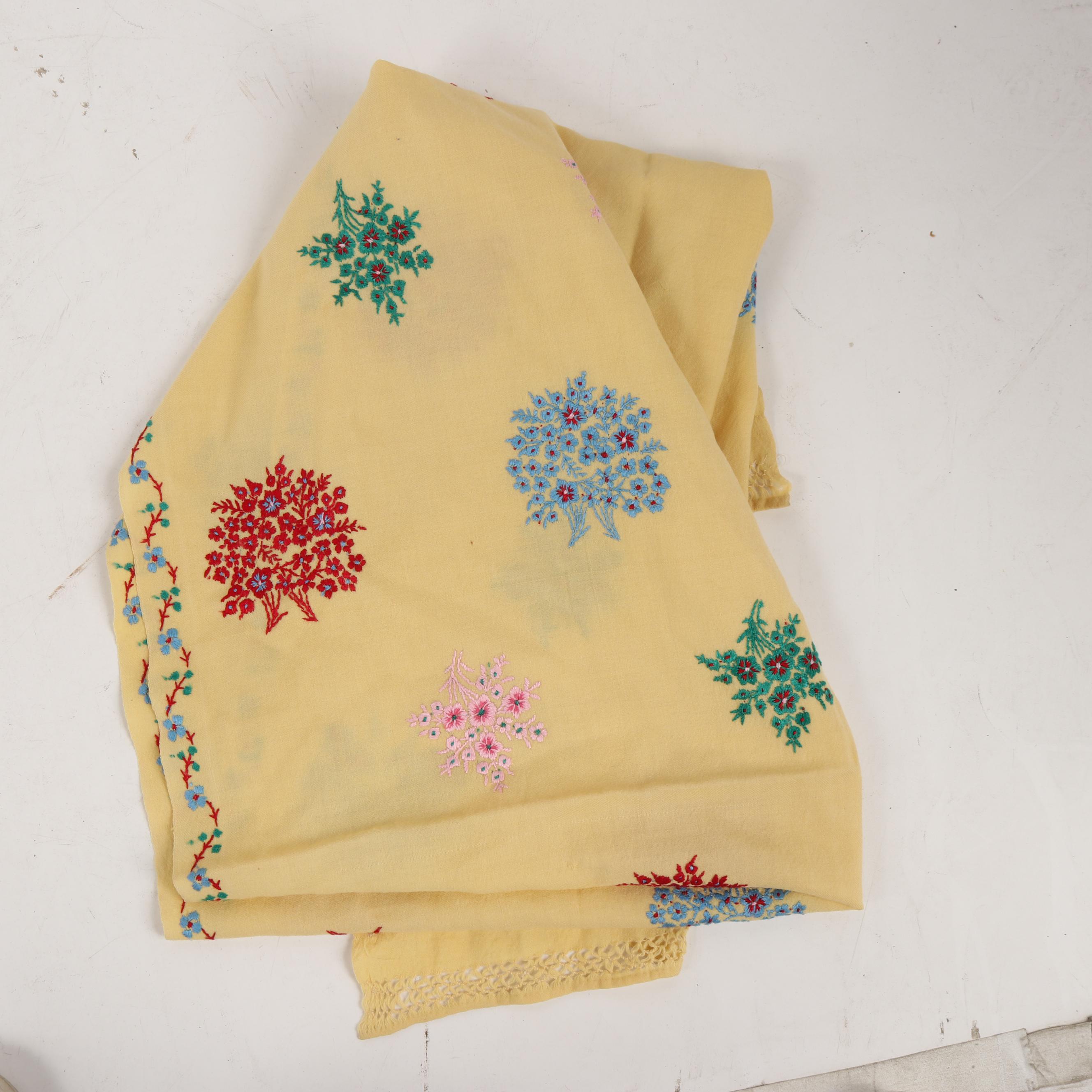 Hand Embroidered Linen Tablecloth and Runner, Mid-20th Century