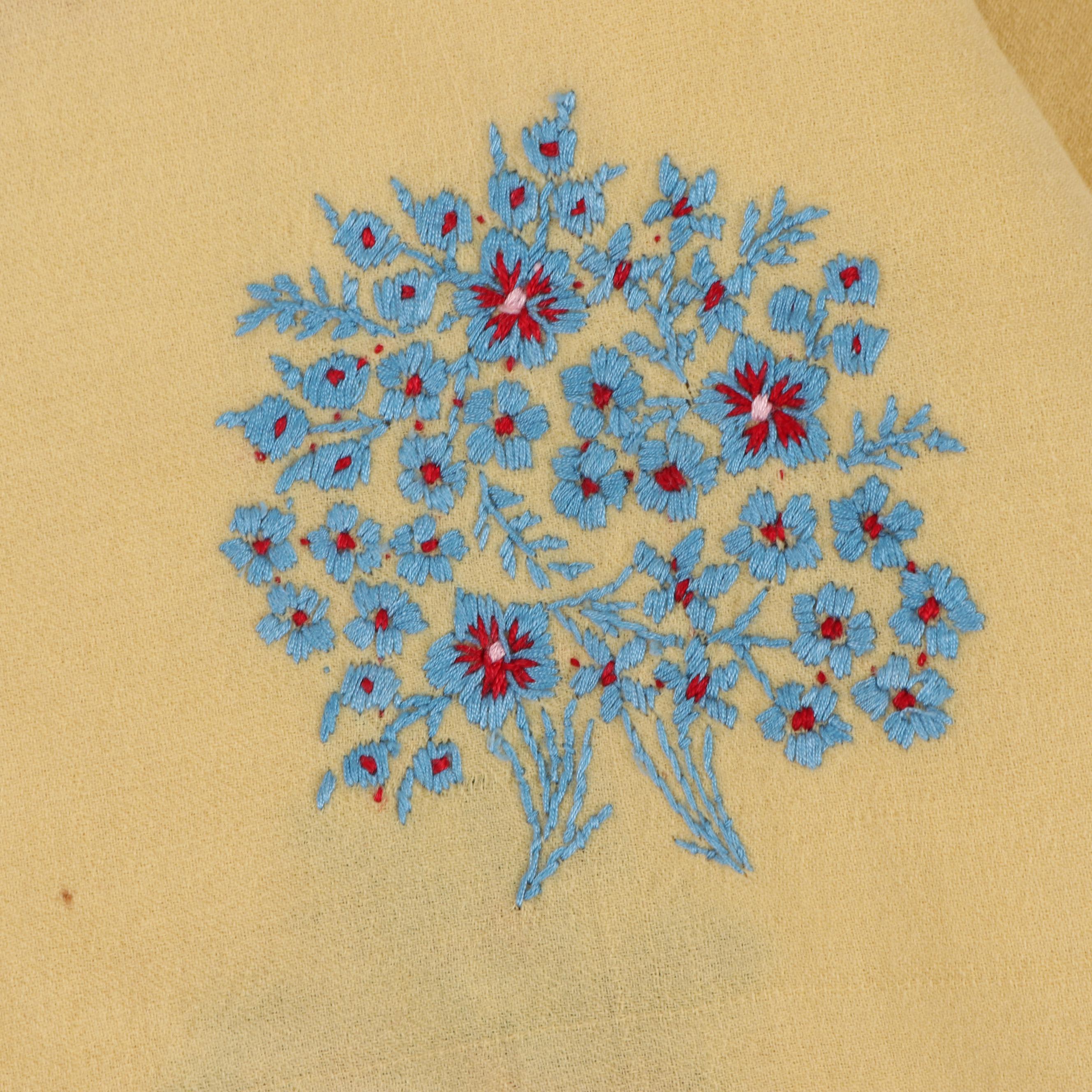 Hand Embroidered Linen Tablecloth and Runner, Mid-20th Century