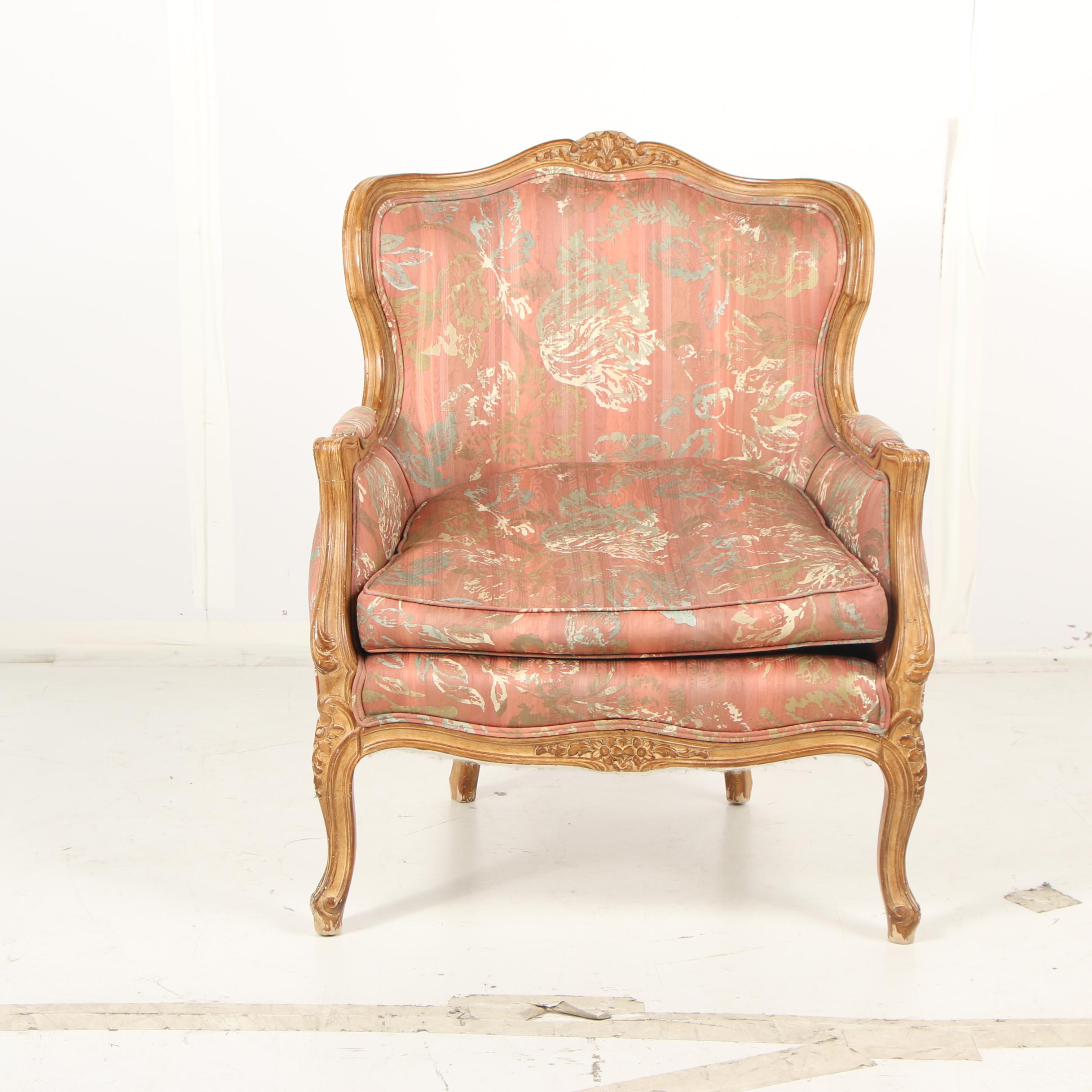 French Provincial Style Carved Birch Frame Upholstered Armchair, Mid-20th C.